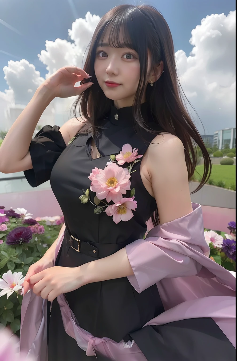 Hinata hyuga A woman standing in a flower garden. His skin was white and his hair was long riven. She was wearing a black dress with a floral accent on her chest and pink waistcoat. Her breasts look so big and round. He looked at the camera. So pretty and realistic