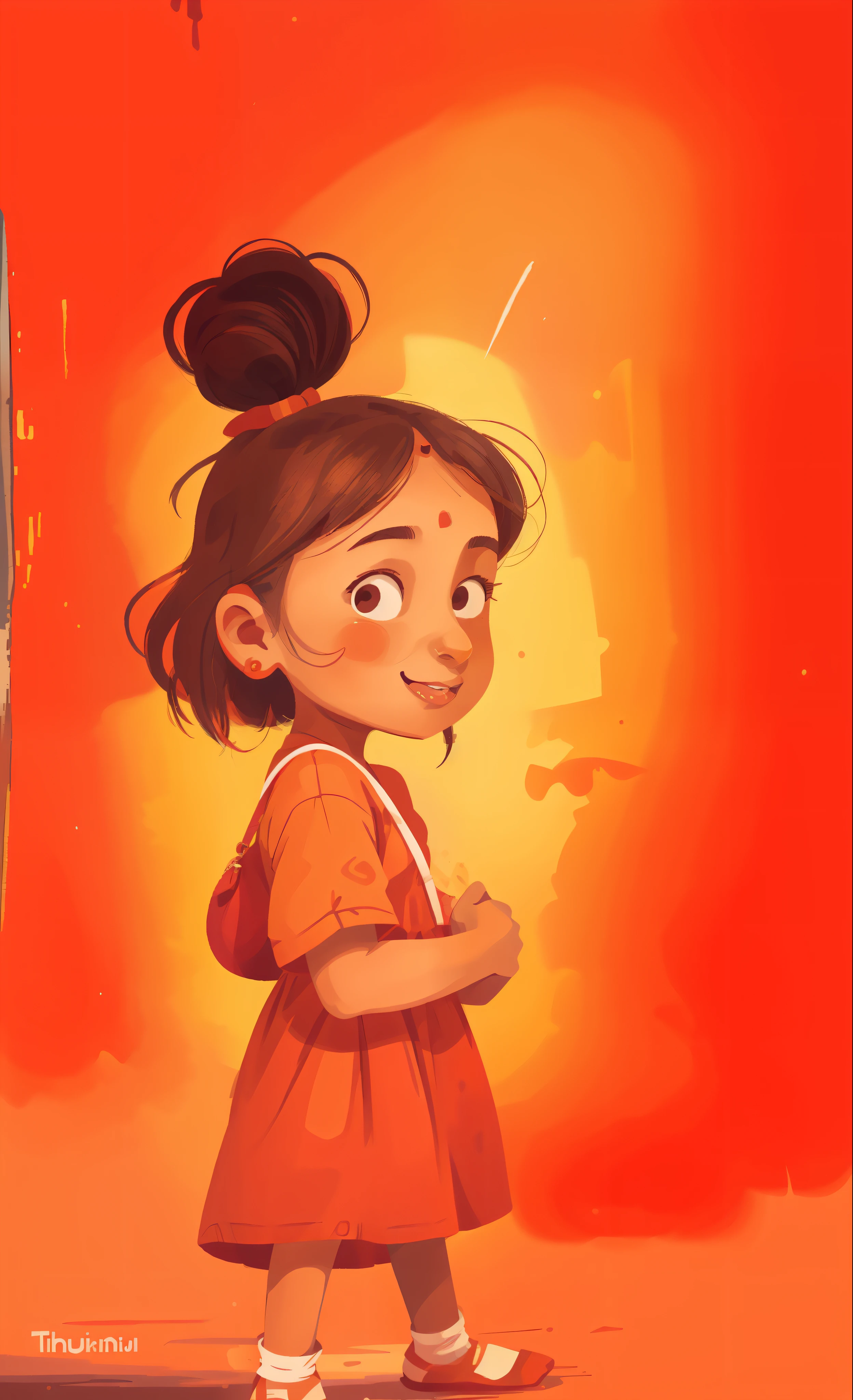 there is a girl in red baggy dress, a colorized photo by T. K. Padmini, tumblr, hurufiyya, with lovely look, around 1 9 years old, indian girl with brown skin, profile pic, innocent smile painting of a woman, vibrant and bold pop art with high contrast colors, dynamic composition, and exaggerated details