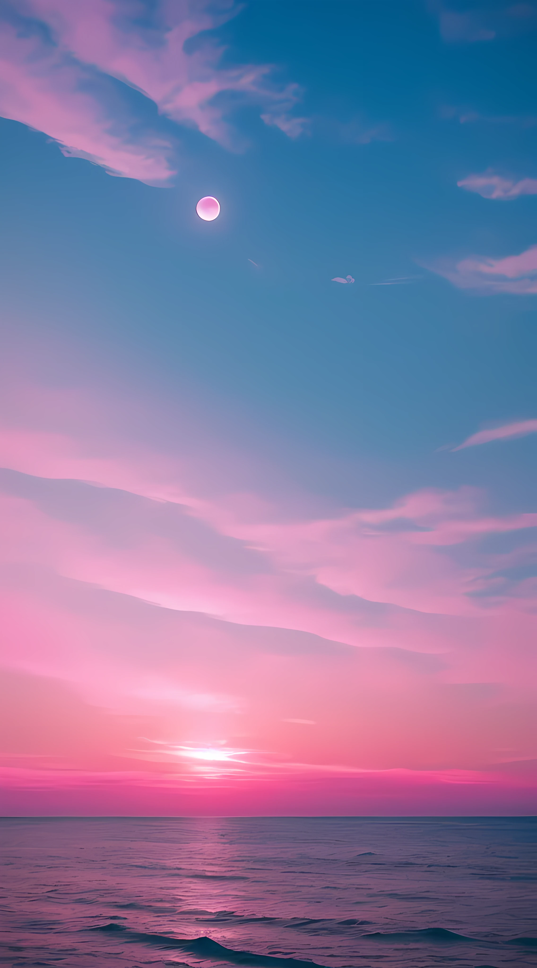 Pink moon, pink sky, soft pink clouds, pink ocean waves sparkling, sparkling, pink roses on pink ocean, fantasy, diamond, crown, universe, soft lights,