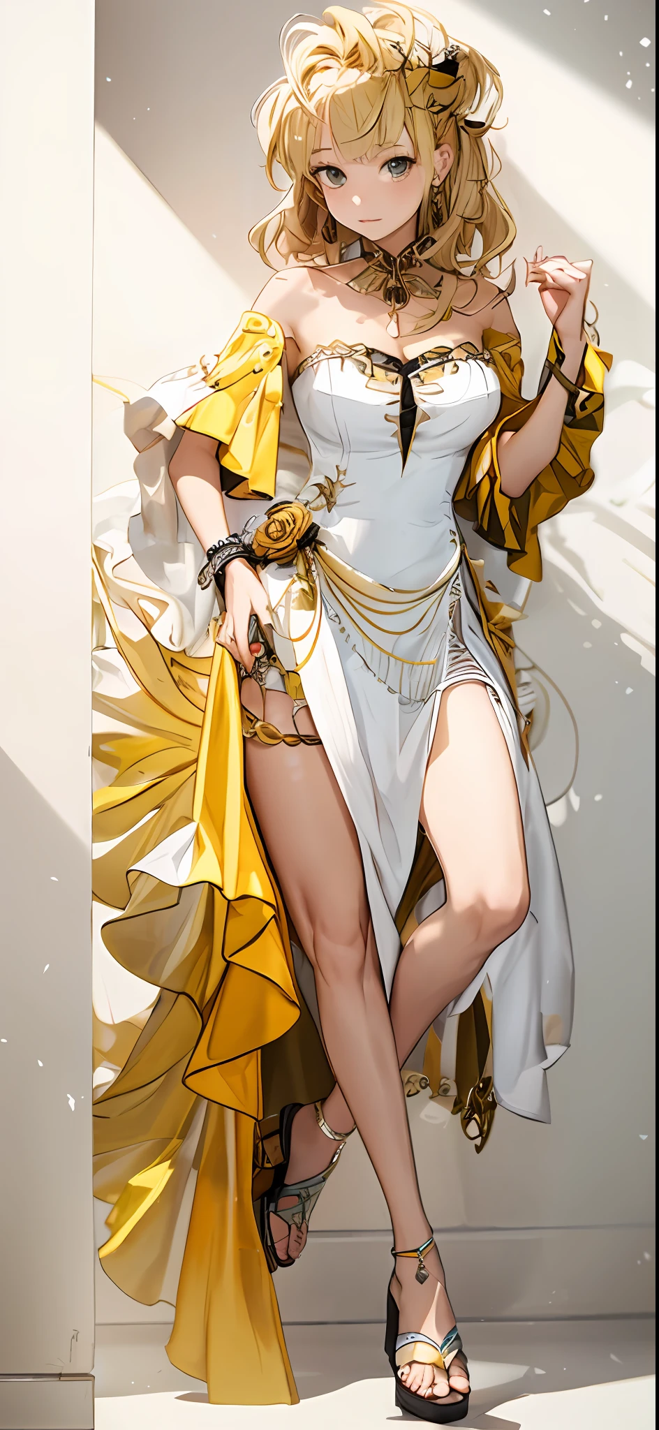 blond hairbl,White bandeau,Goose yellow long dress,Gauze skirt,White sandals