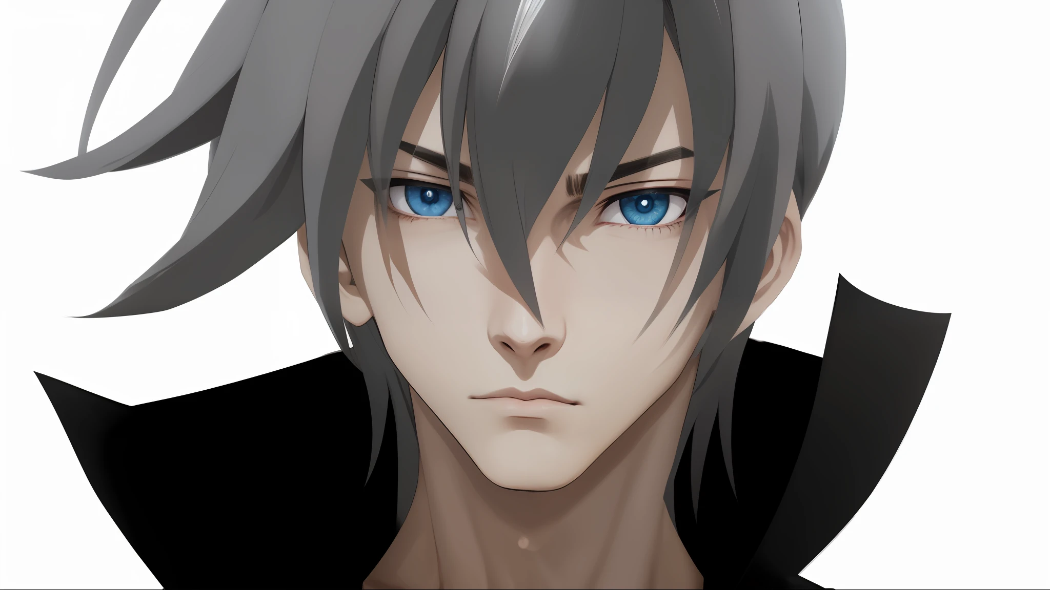 (Obra-prima), Vali Lucifer, (Melhor Qualidade), ultra high-resolution, Arte Profissional, Ultra Detalhado, Complexo, Rosto Detalhado, perfect  lighting, 1 Homem, Cabelo Prateado, (Olhos Azuis), Casaco Preto, personagem de anime masculino, expression serious, homem bonito anime, cara de anime alto com olhos azuis, cabelos prateados, (8k:1.1),
