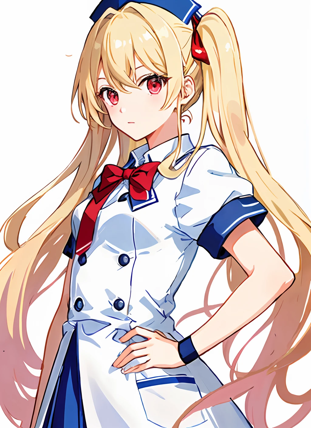 tmasterpiece，Best quality at best，A high resolution，
Hosomurahara uniform，  1 two-dimensional girl， Solo exhibition，blond hairbl，Red eyes，nurses uniform