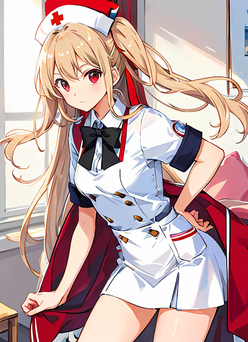 tmasterpiece，Best quality at best，A high resolution，
Hosomurahara uniform，  1 two-dimensional girl， Solo exhibition，blond hairbl，Red eyes，nurses uniform