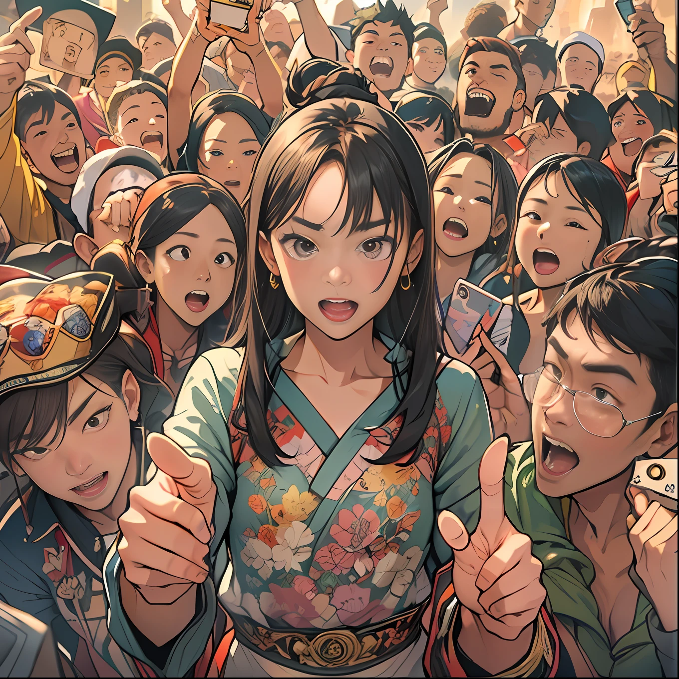 A group of enthusiastic fans gathered together, agreeing with each other. Among them, a young girl faces the camera with anger and dissatisfaction, pointing at an invisible target. The surrounding fans also have diverse expressions, some smiling, some shaking their heads, and some applauding,  ,in the style of the stars art group xing xing, 32k, best quality, masterpiece, super detail, high details,