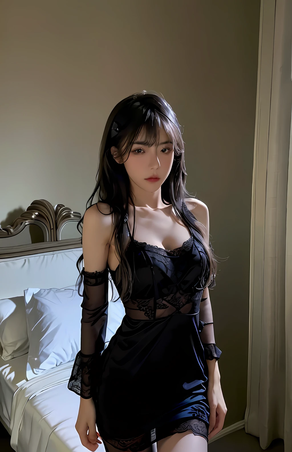 Best quality, masterpiece, ultra high res, (photorealistic:1.4), raw photo, 1girl, ((black lace nightgown)), ((small breast)), cold light
