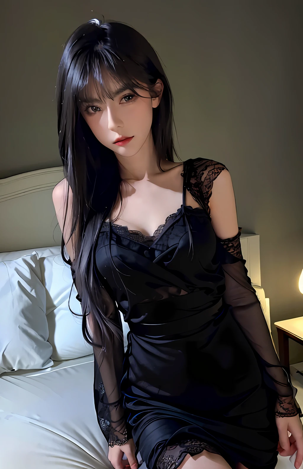 Best quality, masterpiece, ultra high res, (photorealistic:1.4), raw photo, 1girl, ((black lace nightgown)), ((small breast)), cold light