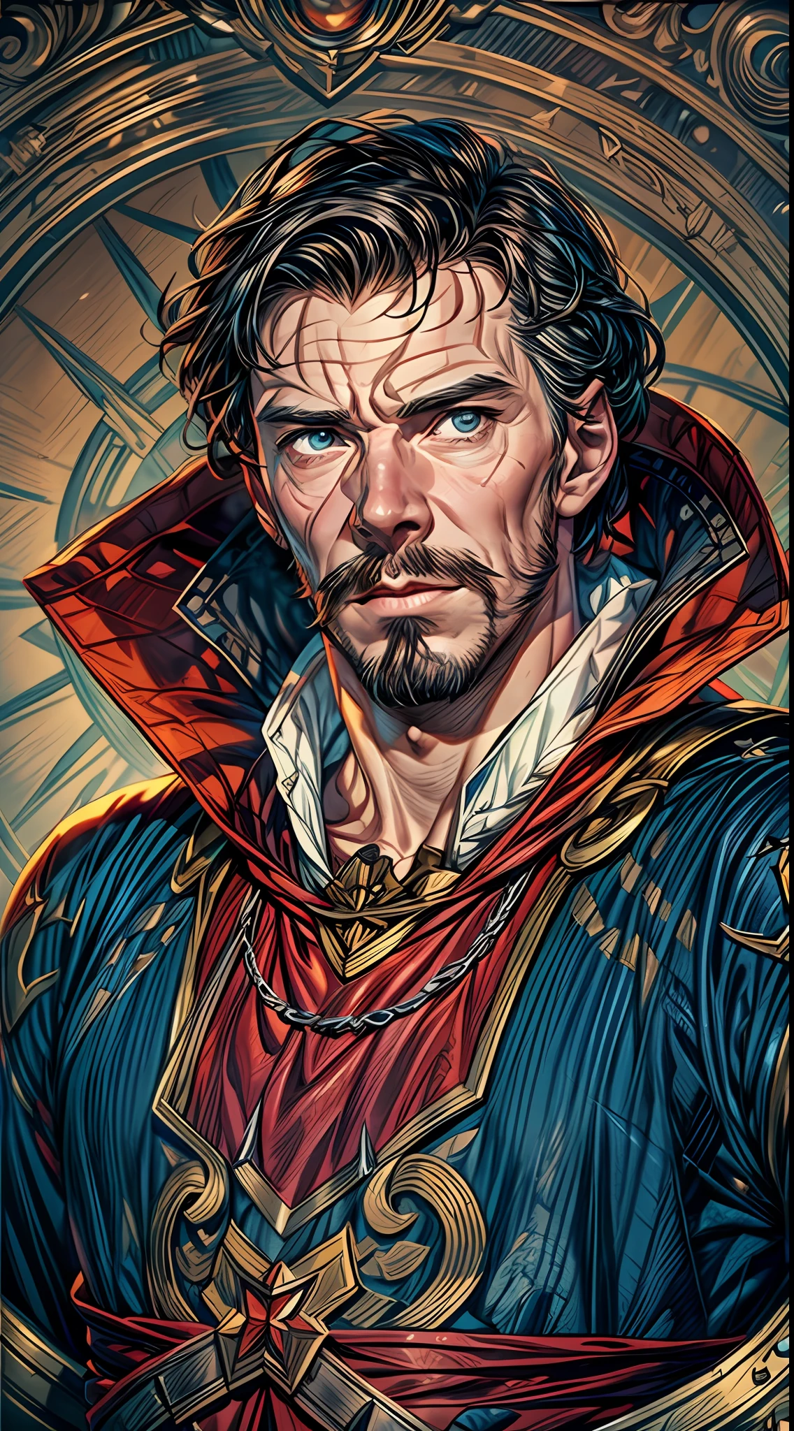 (RAW Photo, Best Quality), (Realistic, Photorealistic Photo: 1.3), Best Quality, Highly Detailed, Masterpiece, Ultra Detailed, Illustration, Marvel cinematic universe, marvel, Benedict Cumberbatch, Handsome Stephen Strange as Doctor Strange, young, mascular, high detailed on muscles, background should be epic, perfect look, upper body, high detail on dress, Norse god of thunder, Best Quality, Extremely Detailed CG Unified 8k Wallpaper, Ink, Amazing, badass look, portrait, close up (skin texture), intricately detailed, fine details, hyperdetailed.