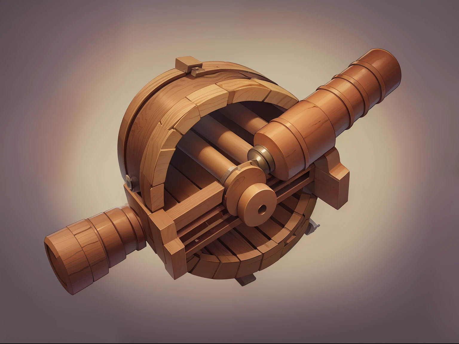 wood cannon barrel, inside spring, outside gears, casual game style, Miyazaki style, side view