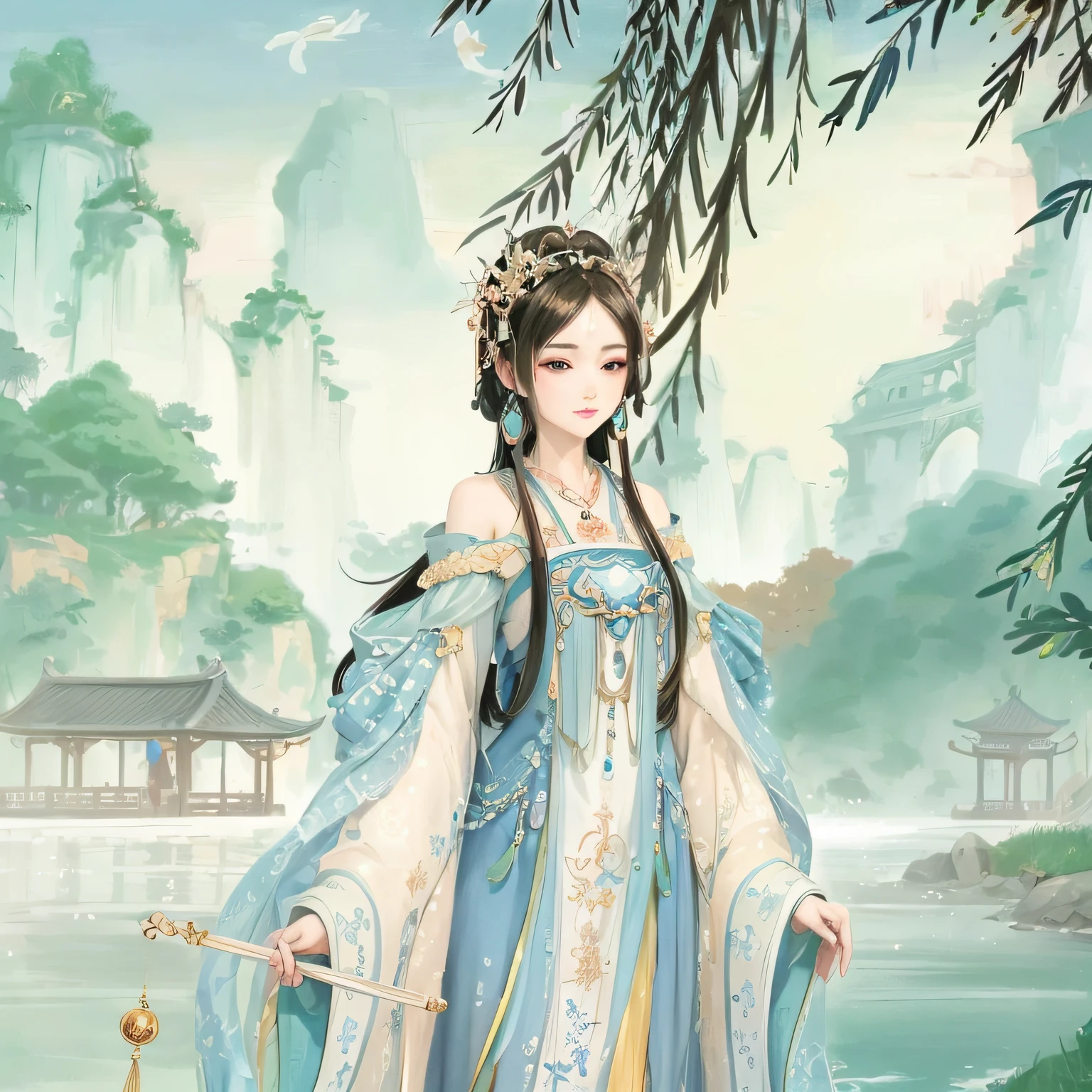 a close up of a woman in a blue dress holding a fan, Palace ， A girl in Hanfu, a beautiful fantasy empress, ((a beautiful fantasy empress)), Inspired by Lan Ying, Beautiful character painting, Princesa chinesa antiga, queen of the sea mu yanling, Inspired by Qiu Ying, xianxia fantasy, full-body xianxia, China Princess