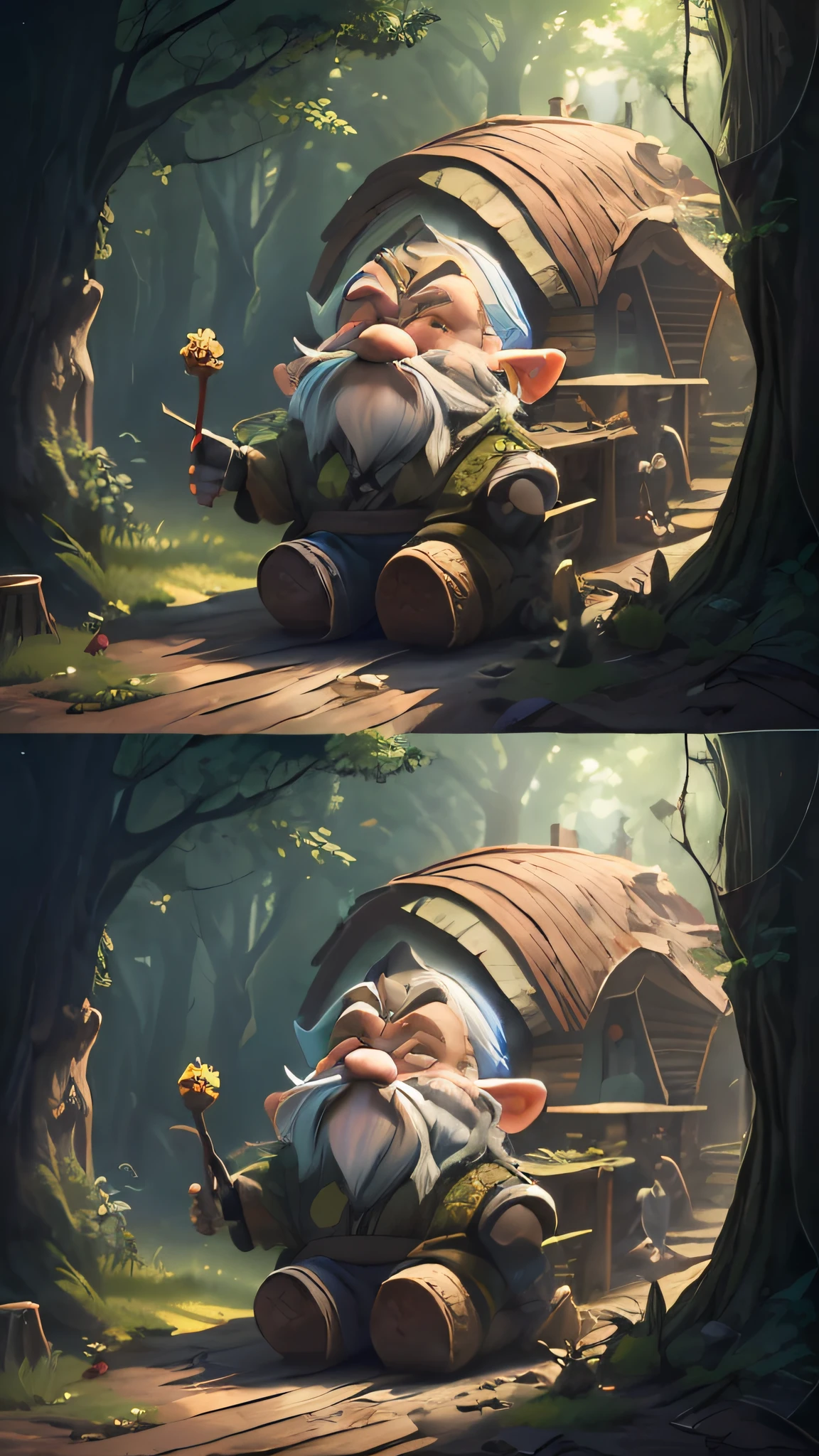 (((Gnomes are 12 cm tall))), (((Working in an underground mine)), (Gnome), (The grass and trees are quite large), (Gnomes are small, so the surrounding scenery and things are very large), (((I live in a very comfortable wooden house in a forest cave)), a small man who collects deer's fallen hair to lay on his bed, well-tailored clothes made of hemp, Scandinavia, blue eyes, whole body, Fairy exotic gnomes, petite body, dynamic poses but looking away from perspective, (archaic clothes), (collecting dropped hairs of animals), the character's right arm and hand are gentle spells, (the costume is stately but modest), HDR, high resolution, 16:9 ratio, (fine eyes and expressions), irregular gray hair, gentle eyes