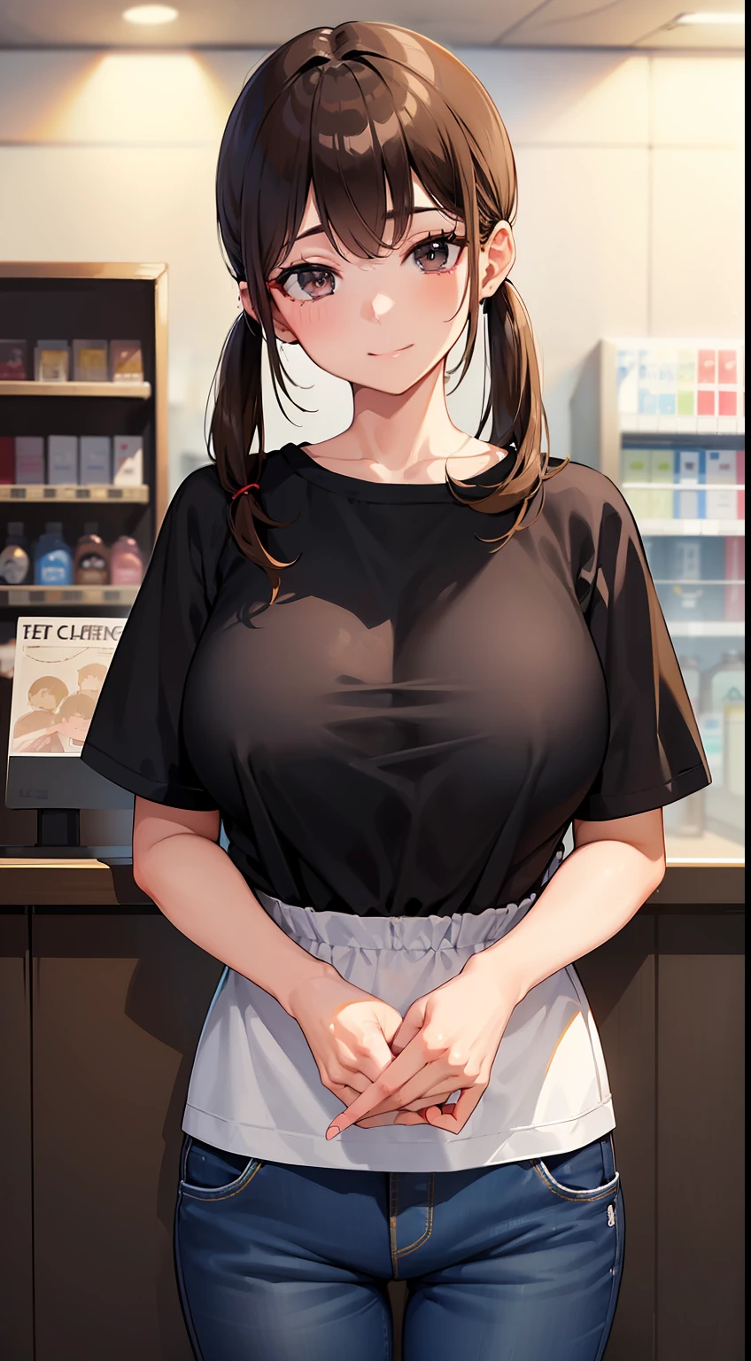 ​masterpiece、top-quality、hight resolution、profetional lighting、anime styled、Details of the face and clothes、Single-color background 、1womanl、Upper body shot from the front、((Beautiful clerk at a convenience store standing in front of you))、(Age is about 25 years old :1.5)、(Mature face and body)、Turn your face and look straight ahead、(Breasts are big、Lawson's clerk's clothes、short-sleeved shirt with only half vertical stripes,、jeans :1.1)、(Black eyes、Brown hair、Cropped bangs、 Long low twintail :1.2)、Good Smile