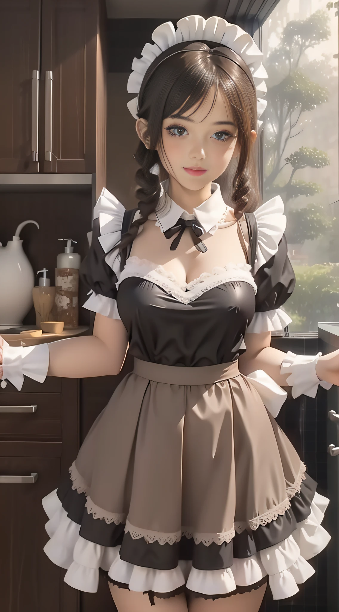 Arad woman in maid costume poses in the bathroom, gorgeous maid, Maid dress, Maid outfit, maid costume, anime girl in a maid costume, maid, wearing maid uniform, french maid, High quality clothing, cosplay of a catboy! maid! dress, , a sexy maid in a magical forest, Open V chest clothes