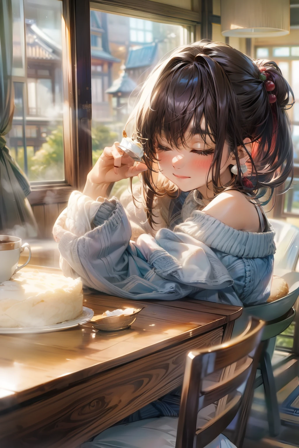 The subject is a young woman in 8K resolution。Her hair is black and short style、Its interior is decorated with pastel highlights.。Her expression was relaxed.、Close your eyes and take a deep breath。

Her attire is casual and comfortable。Oversized knitted sweater and denim skinny jeans、White sneakers at feet。She was sitting at the table by the window.、In front of it is a delicious-looking cake and a cup of steaming hot chocolate.。

Background is the interior of a modern café。Warm wooden table and chairs、Sunlight streaming in through high ceilings and large windows、And the art on the wall is painted。Outside that window、A lively cityscape spreads out.、Among them are elements that symbolize Japan、For example, You can see Japan signs and lanterns.。

The overall tone is warm、Gives peace of mind。Knitted texture and cake details、Reflection of sunlight through the window, etc.、8K resolution for every detail.。
