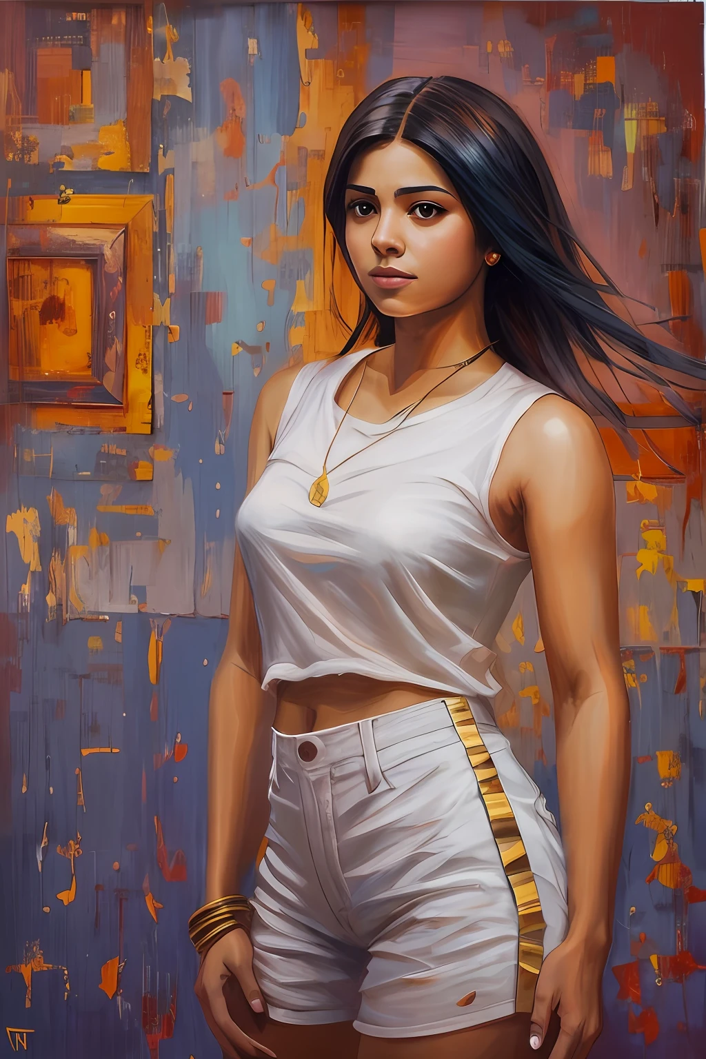 High-quality detailed image of a beautiful girl : (Mestizo: Lineament, Hindu:0,2 : Egyptian:0,3 : Darna:0,25 : Selena Quintanilla Perez:0,25) : pale skin,((short asymmetrical hairstyle)), High facial detail : Realistic : in a T-shirt and shorts, (oil painting:0.75), (headband:0.75),(teal:0.2),(Orange:0.2), (by Jeremy Mann:0.5), (by John Constable:0.1),(Yuriy Arkus:0.5),(acrylic paint:0.75), 8K