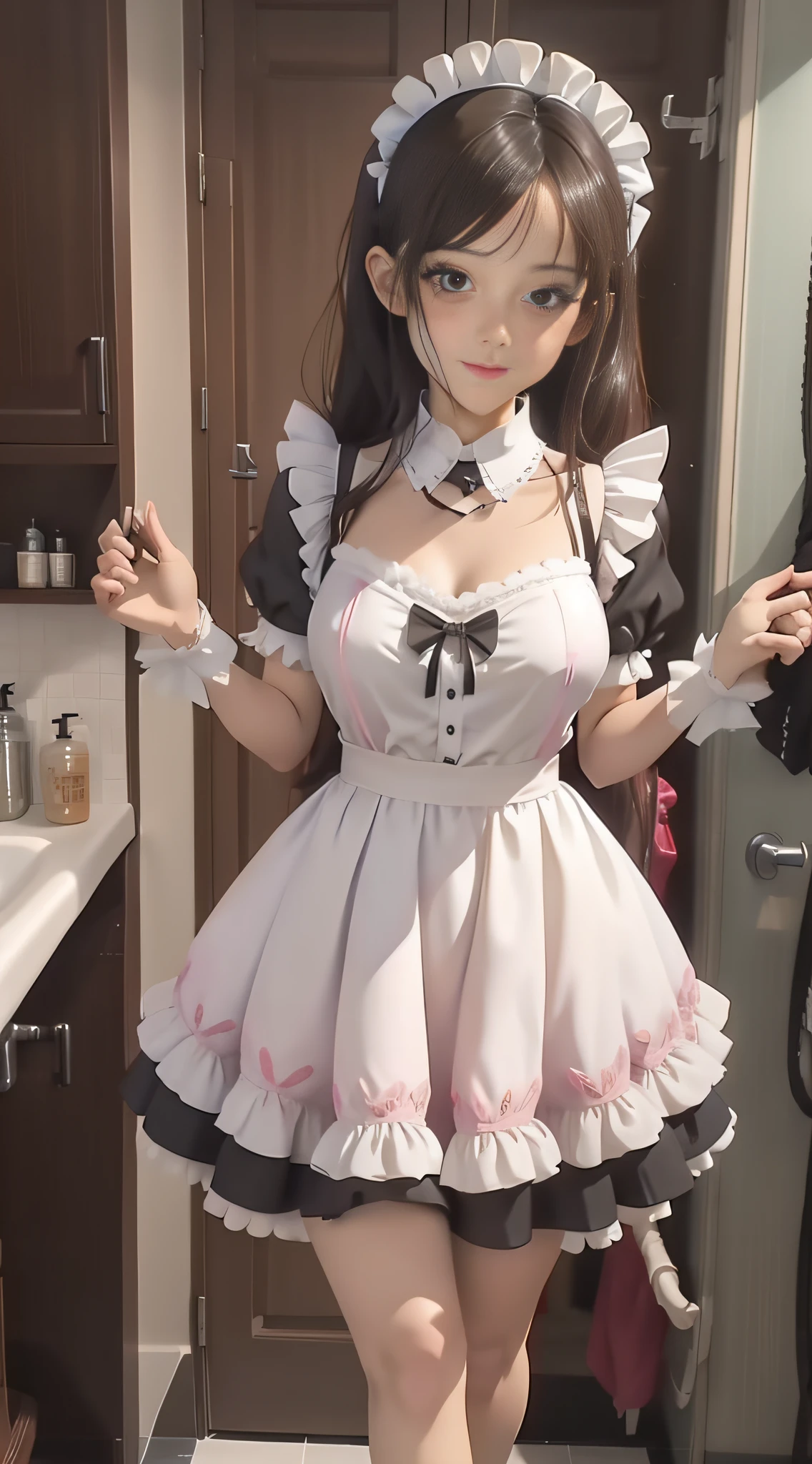 Arad woman in maid costume poses in the bathroom, gorgeous maid, Maid dress, Maid outfit, maid costume, anime girl in a maid costume, maid, wearing maid uniform, french maid, High quality clothing, cosplay of a catboy! maid! dress, , a sexy maid in a magical forest, Open V chest clothes
