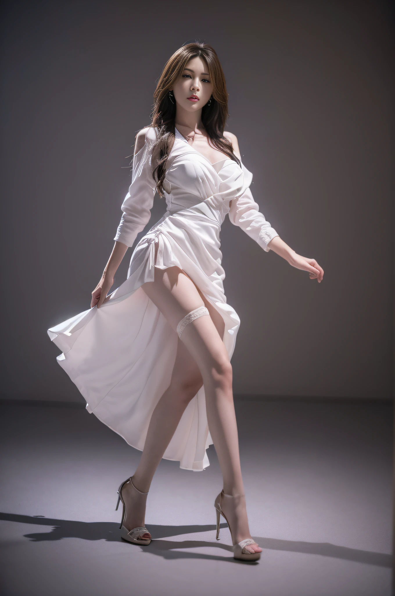 mix4, 20d, solo, long_hair, shirt, white dress, high_heels,full_body, look_at_viewer, (8k, RAW photo, best quality, mastery:1.2), (realistic, photo-realistic:1.37), professional lighting, photon mapping, Radio City, Physically based rendering blur, Blurry_Background, Depth_af_Field