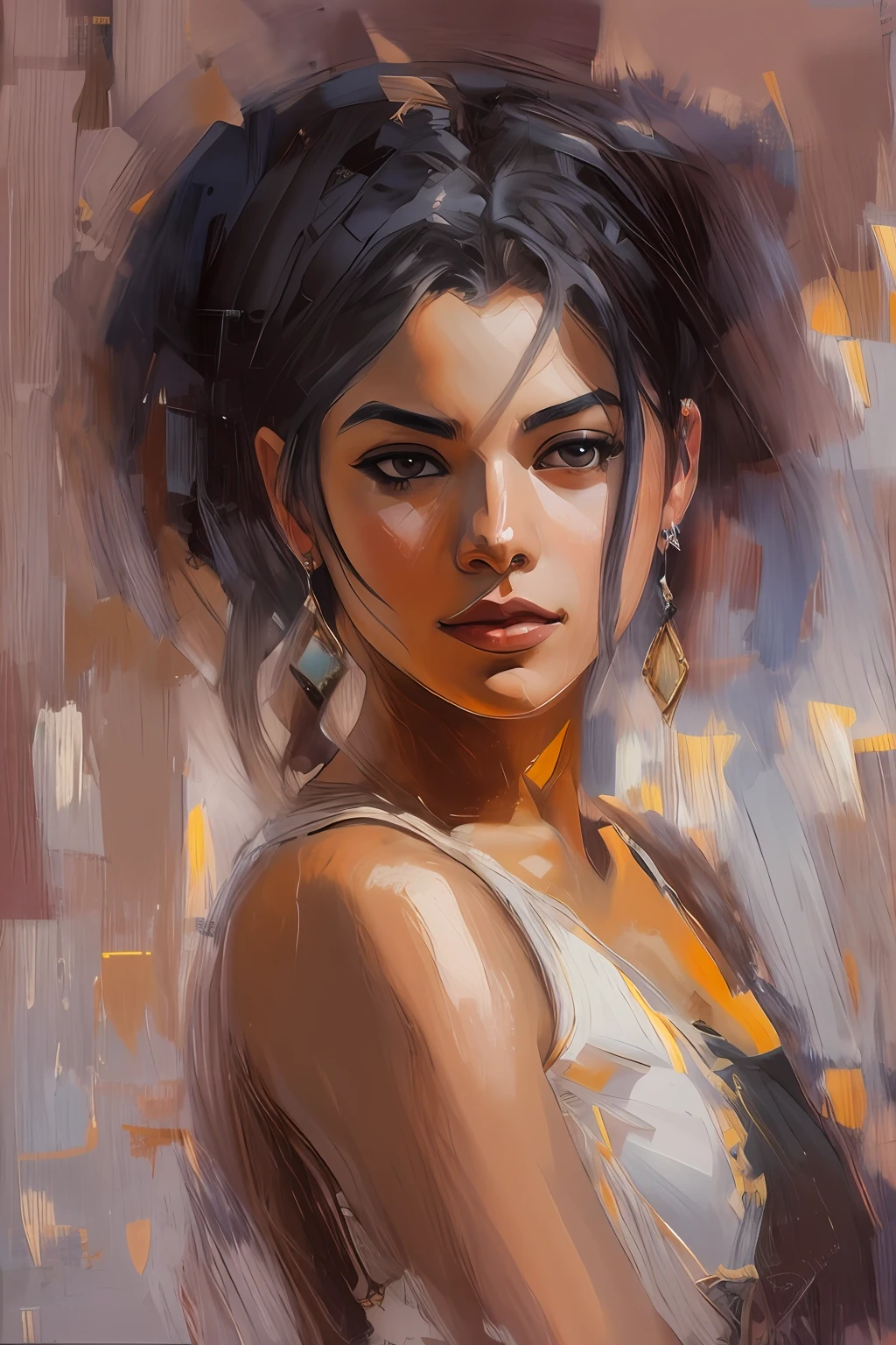 High-quality detailed image of a beautiful girl : (Mestizo: Lineament, Hindu:0,2 : Egyptian:0,3 : Darna:0,25 : Selena Quintanilla Perez:0,25) : pale skin,((short asymmetrical hairstyle)), High facial detail : Realistic : in a T-shirt and shorts, (oil painting:0.75), (headband:0.75),(teal:0.2),(Orange:0.2), (by Jeremy Mann:0.5), (by John Constable:0.1),(Yuriy Arkus:0.5),(acrylic paint:0.75), 8K