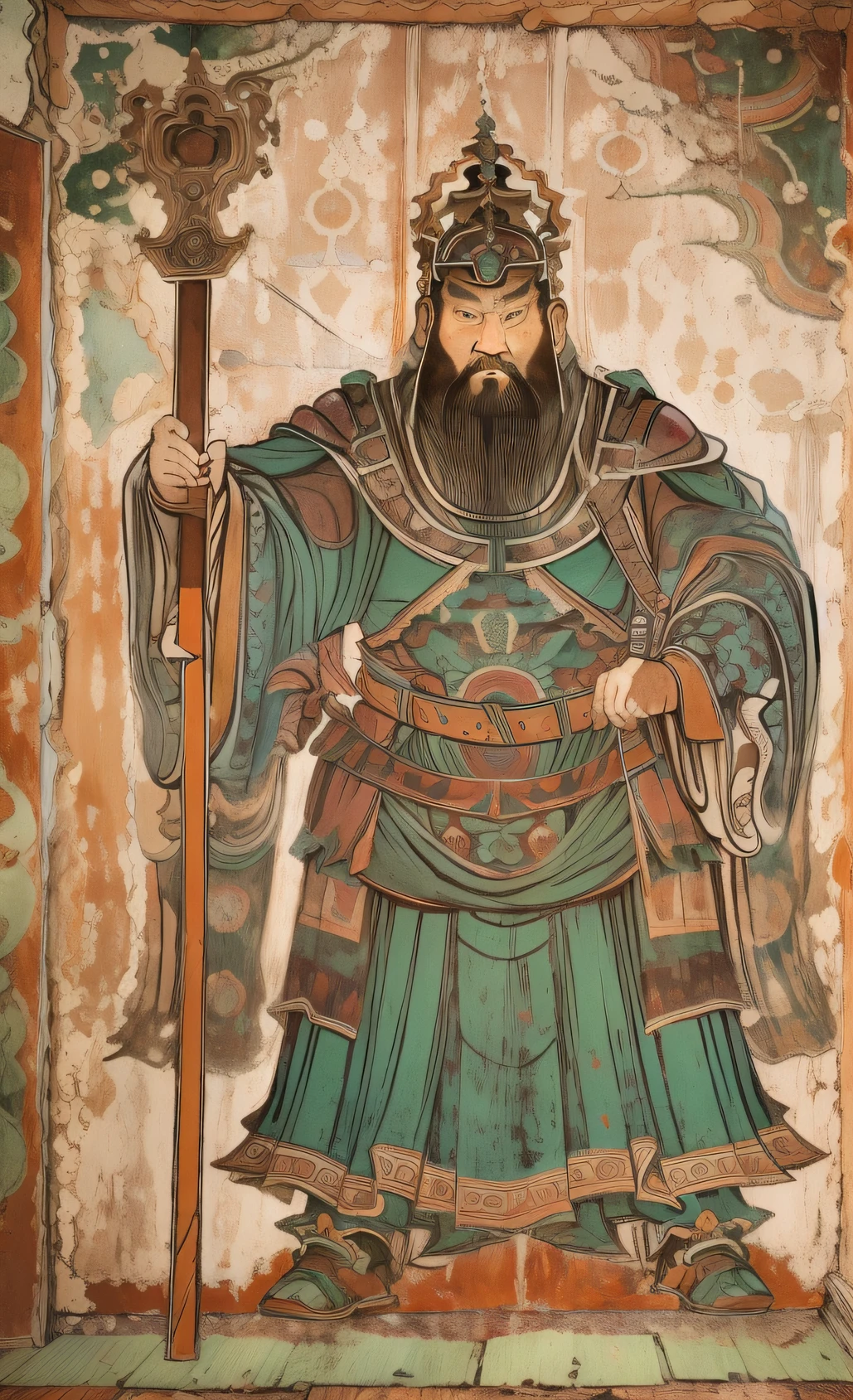 Ancient frescoes depicting gods, The background is the entrance to hell，Show a powerful man in armor and helmet，Holding a strangely shaped giant sword，majestic pose. The frescoes are displayed on weathered walls, Add a touch of paleness.Long sleeves，Beard, Hanfu