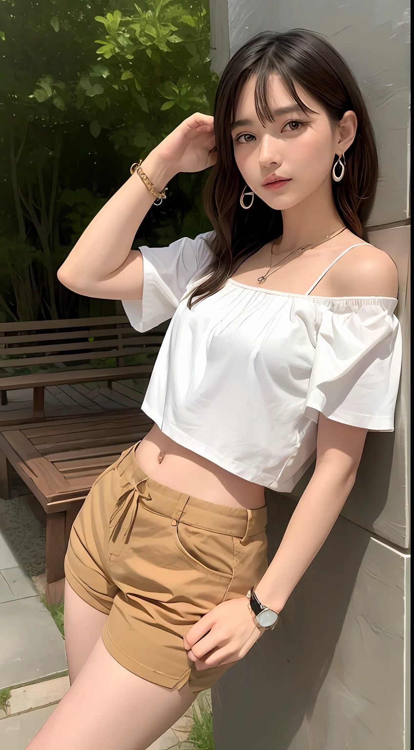 ((Daytime、Bright outdoor、top-quality、8K、​masterpiece:1.3))、小柄、Short stature、１a person、abdominals、Small buttocks、Brown longhair、small tits、Smaller chest、Small bulging breasts)、shortpants、off shoulders、Bright outdoor、hyperdetailed face、A detailed eye、Back double eyelid、piercings、a necklace、wrist watch、anklets、teak、cute little、childish