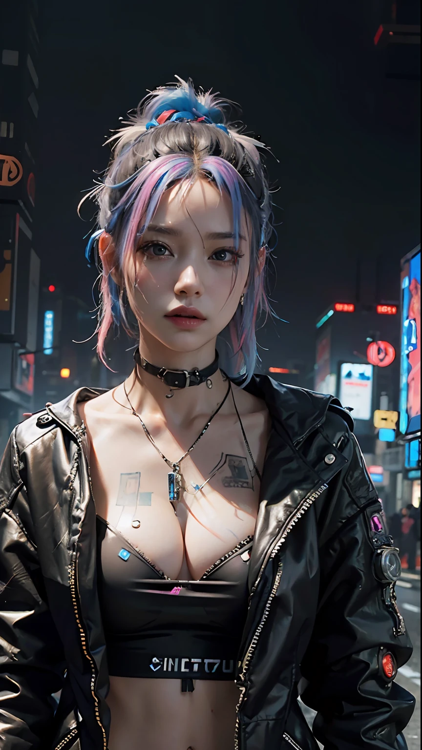 ((Best quality)), ((masterpiece)), (highly detailed:1.3), 3D, beautiful (cyberpunk:1.3) hacker woman with colored hair, black clothes looking at camera