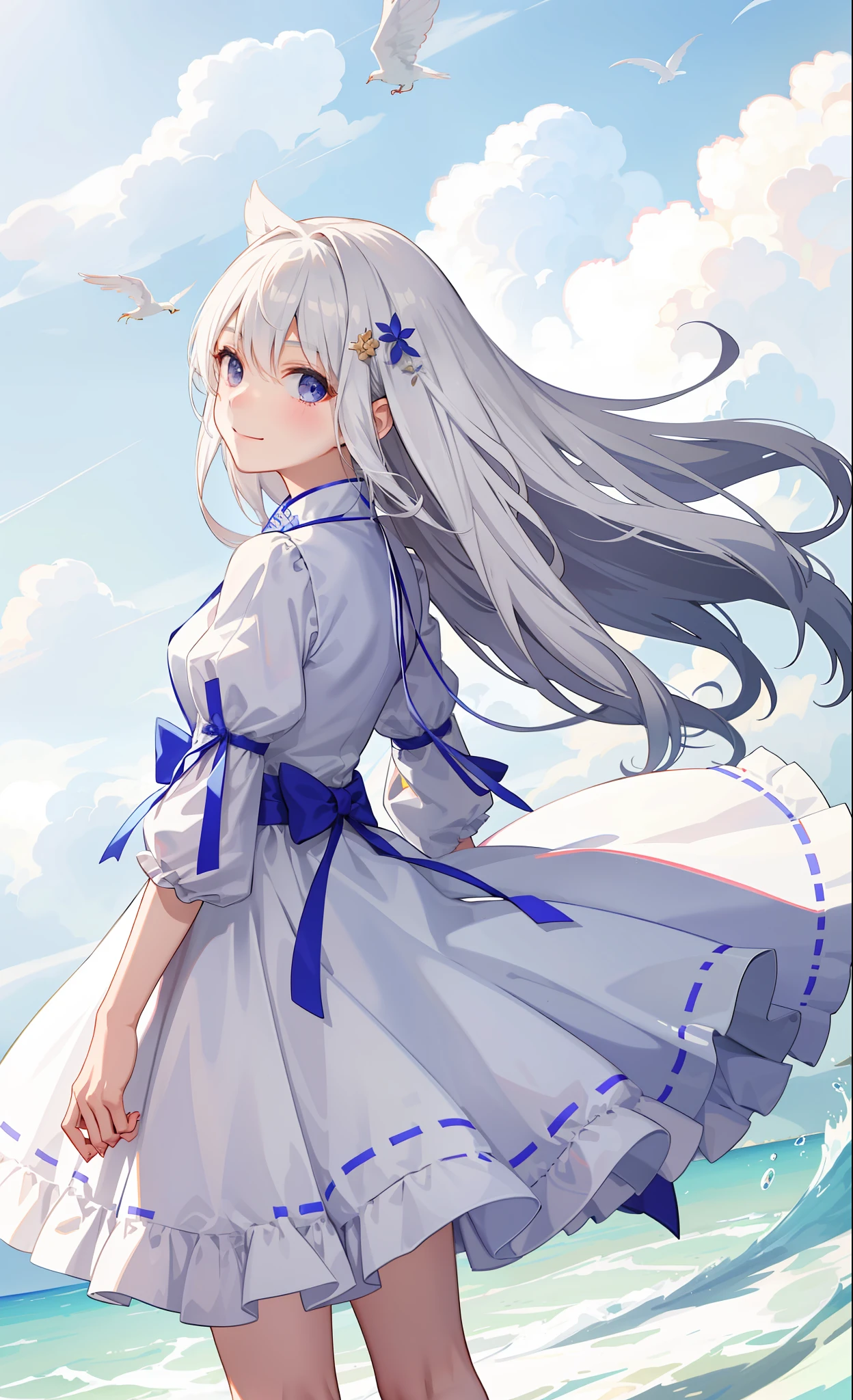 1girl in、A smile、blanche、Fluffy dress、the wind、夏天、