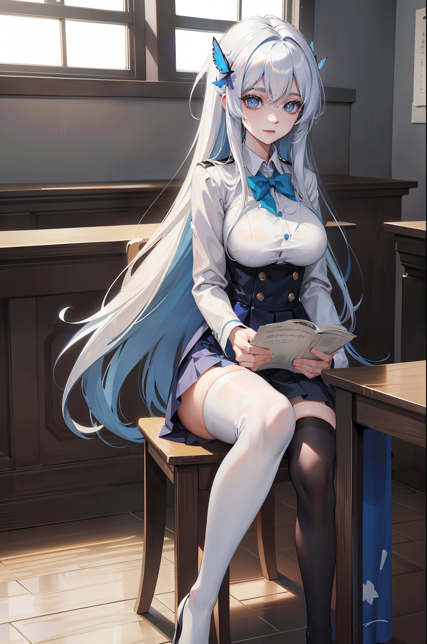 2D， tmasterpiece， best qualtiy， anime big breast， highly  detailed， solo person， 独奏， White hair， long whitr hair，校服， mediuml breasts， ssmile，one-girl，blue colored eyes，Star eyes，blue butterfly hair ornament，Black stockings，‎Classroom，light  leaks，Sit and read