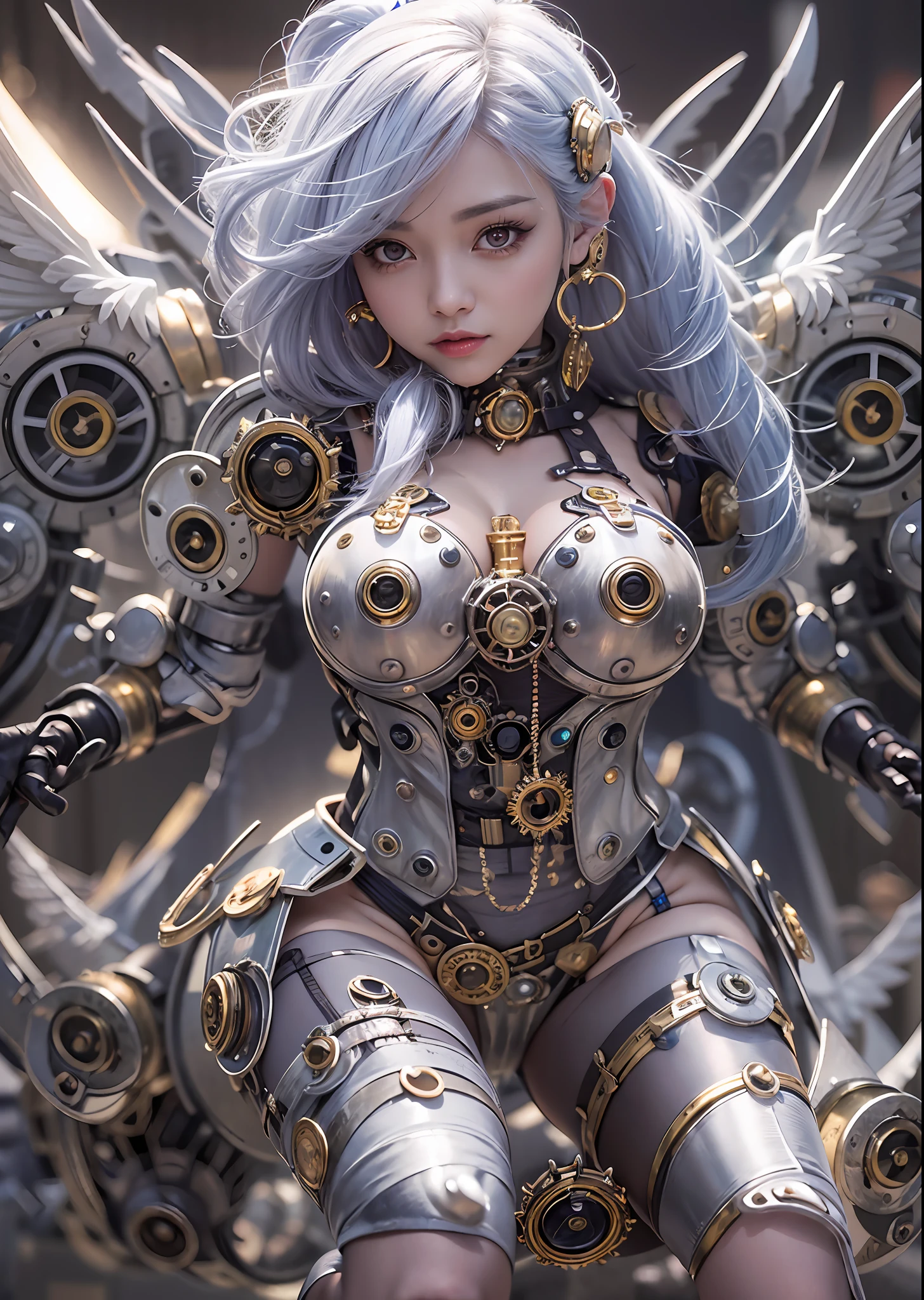 top-quality、masterpiece、超A high resolution、(Photorealsitic:1.4)、Raw photo、Steampunk Battle Cyborg Angel、large wings made of metal、White porcelain body、Acrylic Clear Cover、white hair、glowy skin、1 steampunk cyborg girl、((super realistic details))、portlate、globalillumination、Shadow、octan render、8K、ultrasharp、character edge light,Colossal 、Raw skin is exposed in cleaails of complex ornaments、Details of the steam engine、Hydraulic cylinder、Small LED lamp、highly intricate detail、Realistic light、a purple eye、radiant eyes、Facing the camera、neon details、cowboy shot、Futuristic headgear、About steampunk、、
