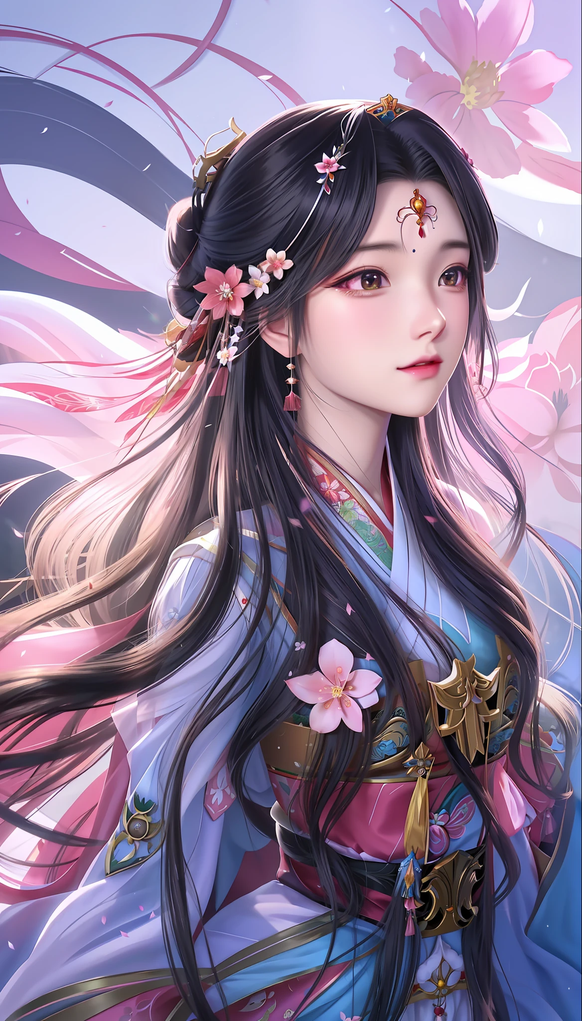 anime girl with long hair and flower in her hair, a beautiful fantasy empress, Palace , A girl in Hanfu, ((a beautiful fantasy empress)), by Yang J, By Li Song, Beautiful digital artwork, Beautiful digital illustration, Beautiful character painting, trending on cgstation, A beautiful artwork illustration, Guviz-style artwork, Guviz