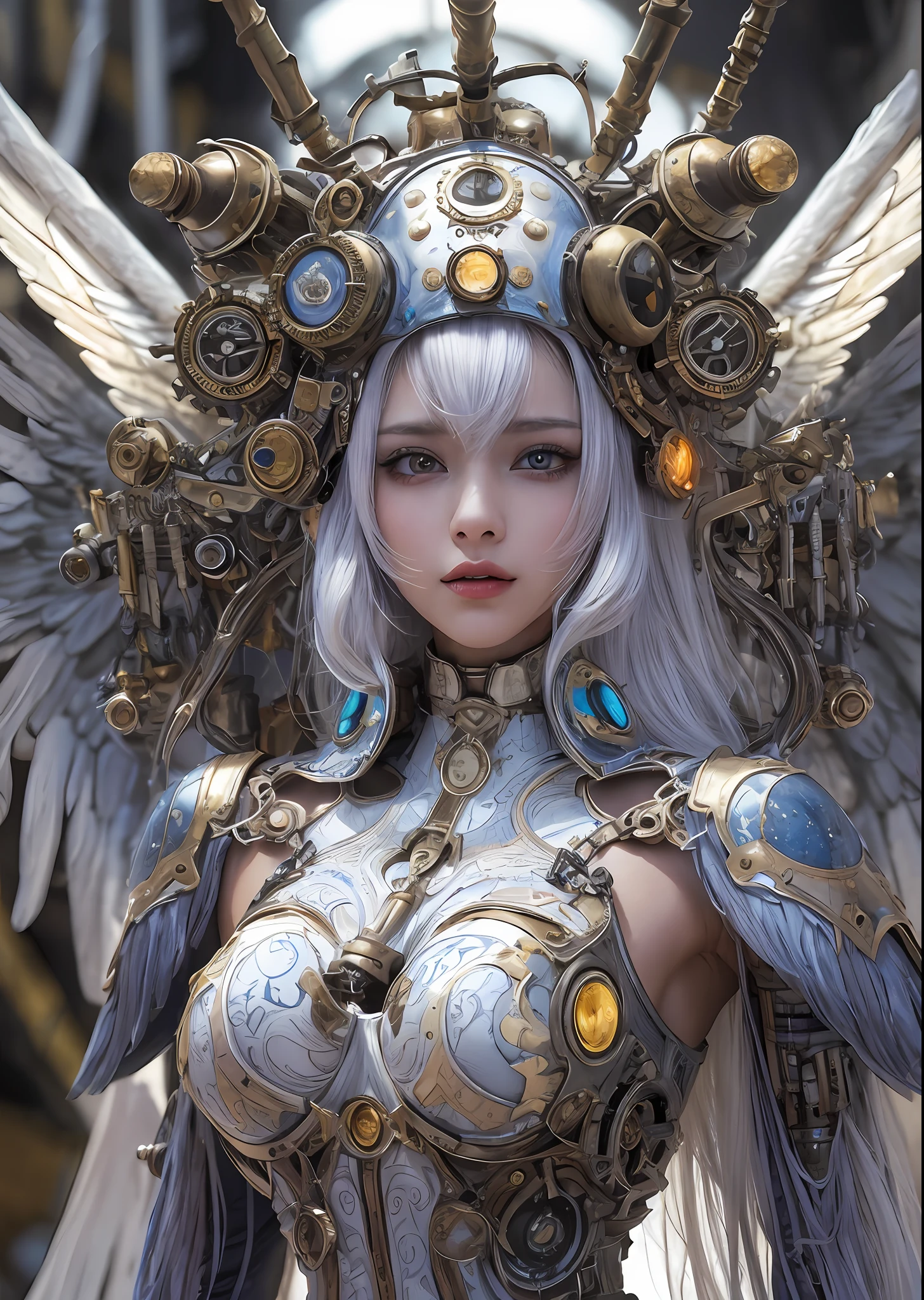 top-quality、masterpiece、超A high resolution、(Photorealsitic:1.4)、Raw photo、Steampunk Battle Cyborg Angel、large wings made of metal、White porcelain body、Acrylic Clear Cover、white hair、glowy skin、1 steampunk cyborg girl、((super realistic details))、portlate、globalillumination、Shadow、octan render、8K、ultrasharp、character edge light,Colossal tits、Raw skin is exposed in cleavage、Details of complex ornaments、Details of the steam engine、Hydraulic cylinder、Small LED lamp、highly intricate detail、Realistic light、a purple eye、radiant eyes、Facing the camera、neon details、cowboy shot、Futuristic headgear、About steampunk、、