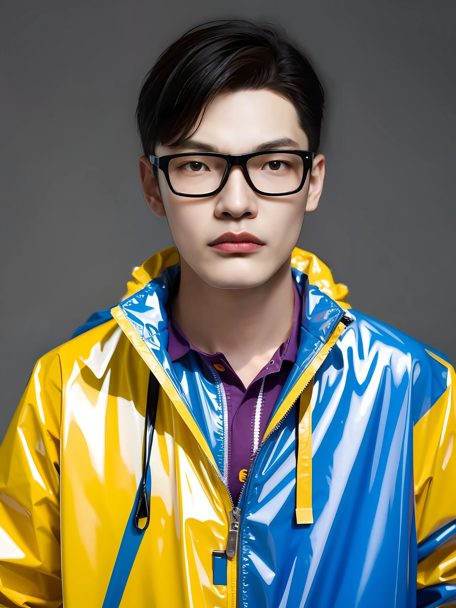 A Chinese male high school student,Wearing a PVC colored raincoat,There are zippers