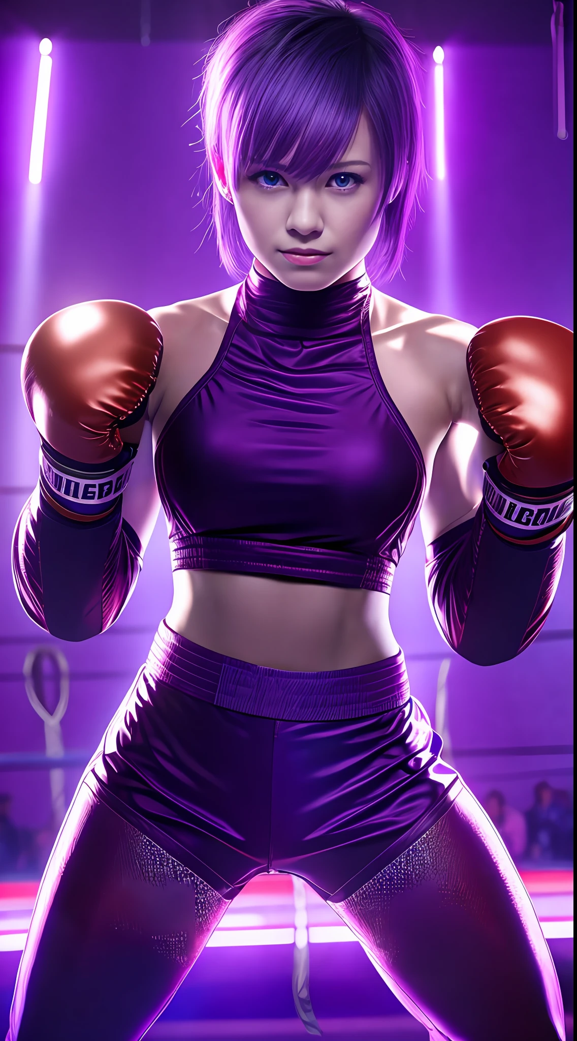 Beautiful girls are kickboxing,18yo, above the ring, purple short hair, blue eyes,Conceptual art, best photo shot, glowing light, realistic, UHD, textured skin, masterpiece, anatomically correct, best quality, 8k, full body,