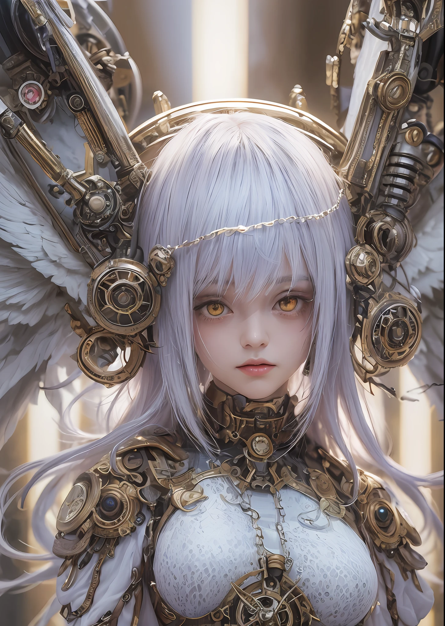 top-quality、​masterpiece、超A high resolution、(Photorealsitic:1.4)、Raw photo、Steampunk Battle Cyborg Angel、large wings made of metal、White porcelain body、Acrylic Clear Cover、white  hair、glowy skin、1 steampunk cyborg girl、((super realistic details))、portlate、globalillumination、Shadow、octan render、8K、ultrasharp、character edge light,Colossal tits、Raw skin is exposed in cleavage、Details of complex ornaments、Details of the steam engine、Hydraulic cylinder、Small LED lamp、highly intricate detail、Realistic light、a purple eye、radiant eyes、Facing the camera、neon details、cowboy  shot、Futuristic headgear、About steampunk、、