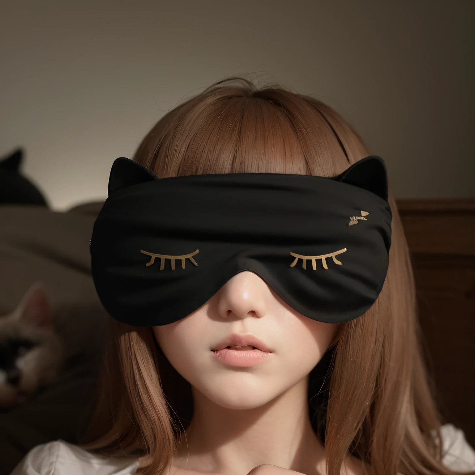 photorealestic，A girl wearing a black cat blindfold lies in bed sleeping sweetly，