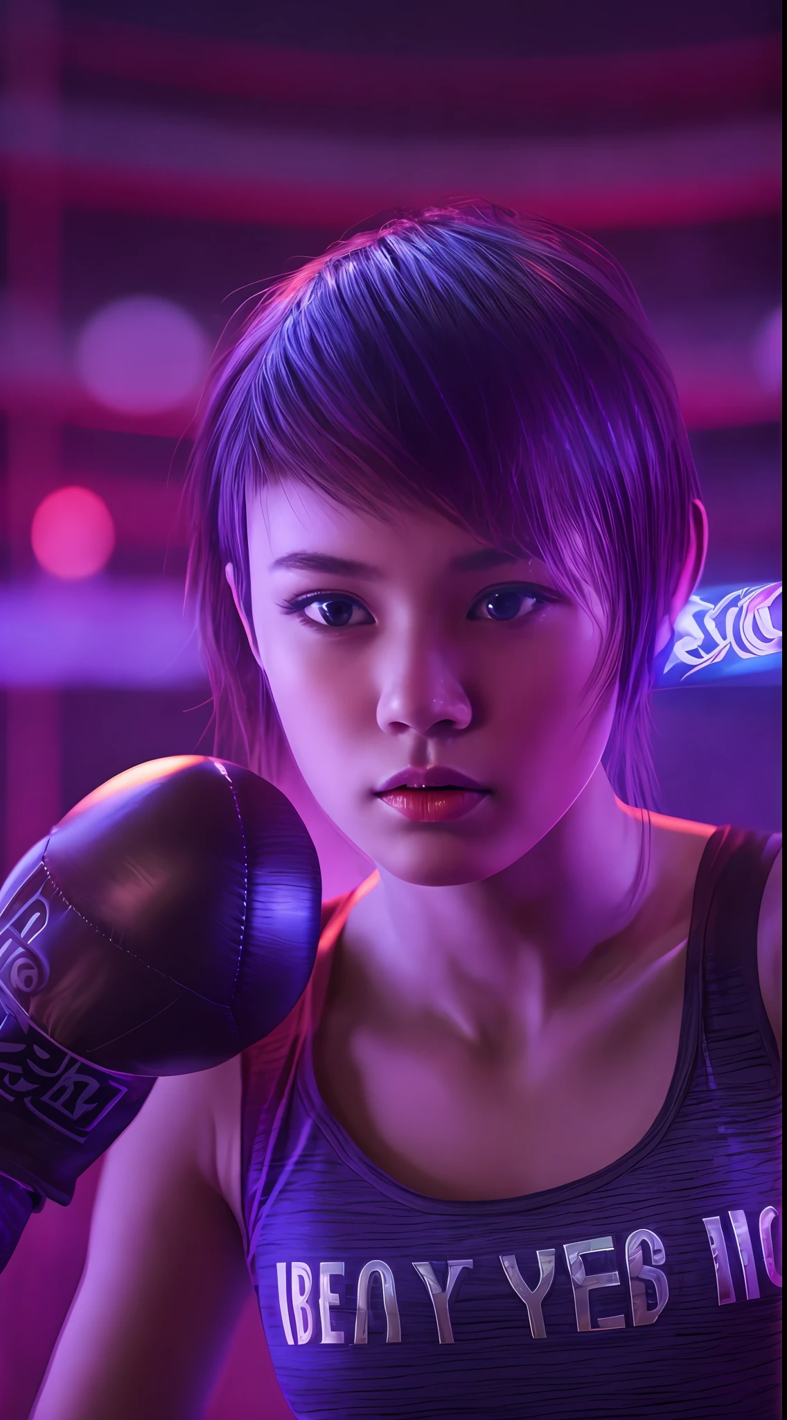 Beautiful girls are Muay Thai,18yo, above the ring, purple short hair, blue eyes,Conceptual art, best photo shot, glowing light, realistic, UHD, textured skin, masterpiece, anatomically correct, best quality, 8k, full body,