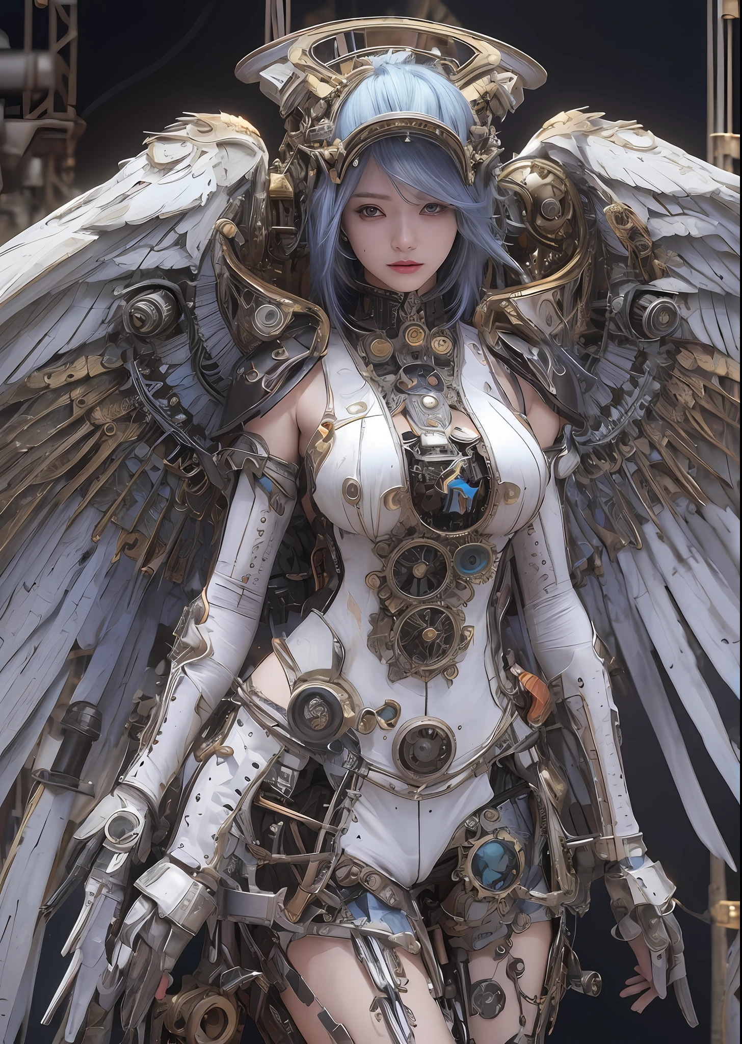top-quality、masterpiece、超A high resolution、(Photorealsitic:1.4)、Raw photo、Steampunk Battle Cyborg Angel、large wings made of metal、White porcelain body、Acrylic Clear Cover、white hair、glowy skin、1 steampunk cyborg girl、((super realistic details))、portlate、globalillumination、Shadow、octan render、8K、ultrasharp、character edge light,Colossal tits、Raw skin is exposed in cleavage、Details of complex ornaments、Details of the steam engine、Hydraulic cylinder、Small LED lamp、highly intricate detail、Realistic light、a purple eye、radiant eyes、Facing the camera、neon details、cowboy shot、Futuristic headgear、About steampunk、、