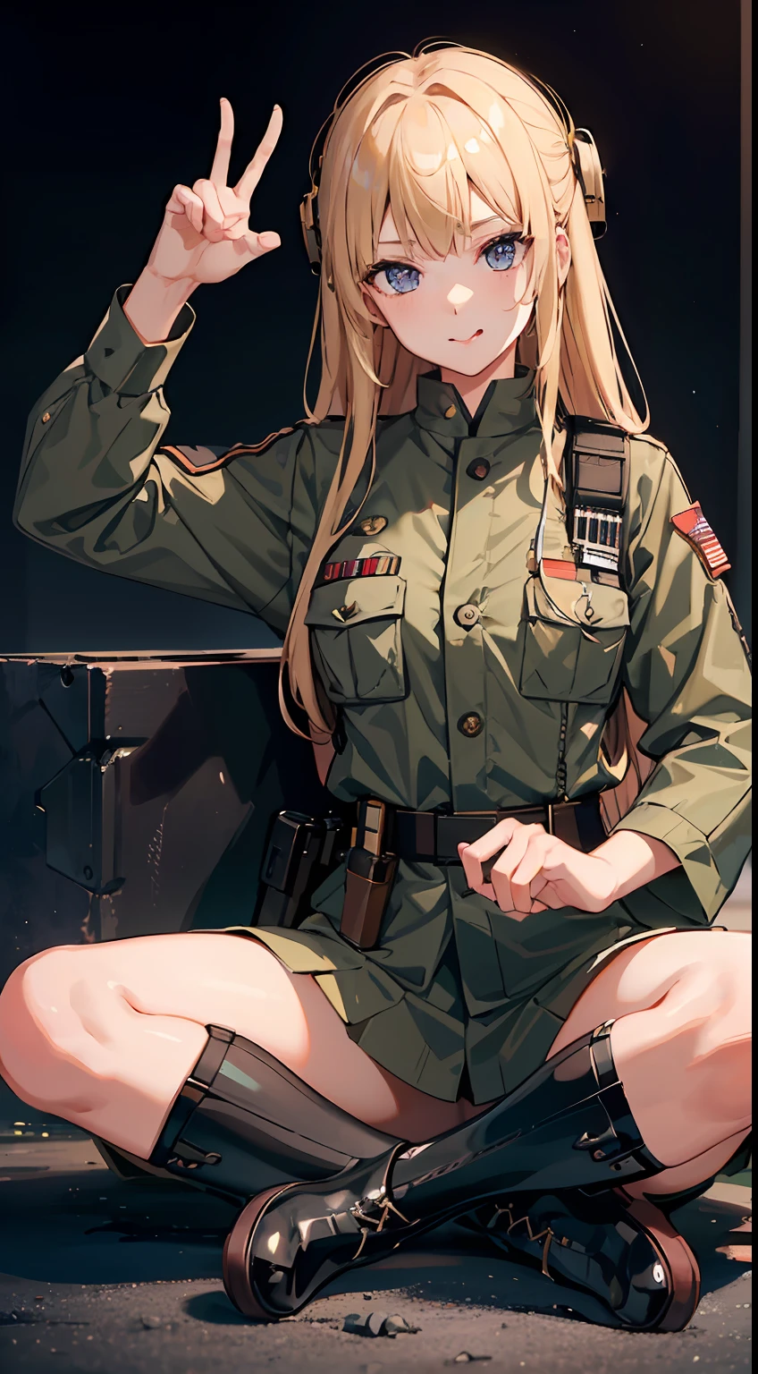 ((cinematic)) 4K, high definition {masterpiece}, army suite, blonde haired japanese woman, army vest, army helmet, army gear, clear twilight sky, (full body), squatt pose, sitting, looking to viewers, detailed face, detailed finger, detailed pupils, hazel eyes, peace sign, boot shoes, tongue out
