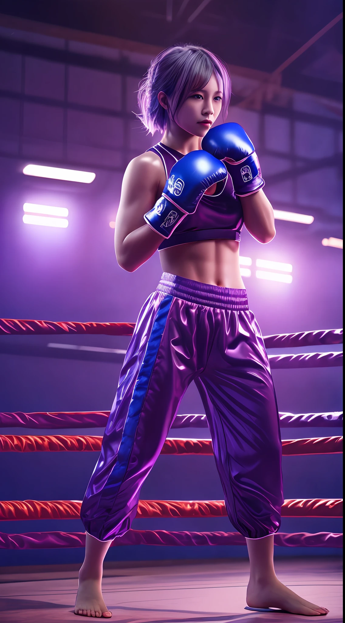 Beautiful girls are Muay Thai,18yo, above the ring, purple short hair, blue eyes,Conceptual art, best photo shot, glowing light, realistic, UHD, textured skin, masterpiece, anatomically correct, best quality, 8k, full body,
