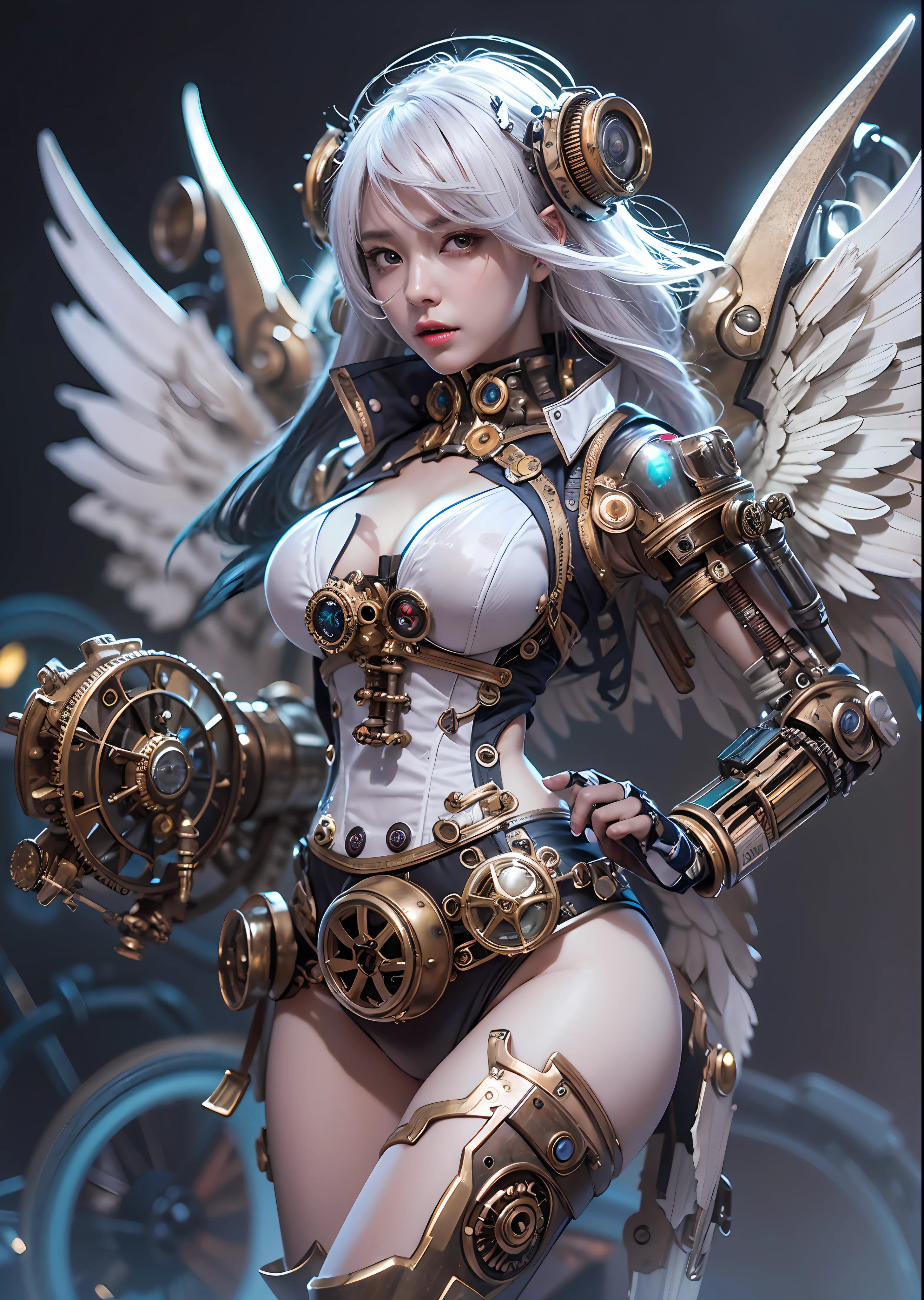 top-quality、masterpiece、超A high resolution、(Photorealsitic:1.4)、Raw photo、Steampunk Battle Cyborg Angel、large wings made of metal、White porcelain body、Acrylic Clear Cover、white hair、glowy skin、1 steampunk cyborg girl、((super realistic details))、portlate、globalillumination、Shadow、octan render、8K、ultrasharp、character edge light,Colossal tits、Raw skin is exposed in cleavage、Details of complex ornaments、Details of the steam engine、Hydraulic cylinder、Small LED lamp、highly intricate detail、Realistic light、a purple eye、radiant eyes、Facing the camera、neon details、cowboy shot、Futuristic headgear、About steampunk、、