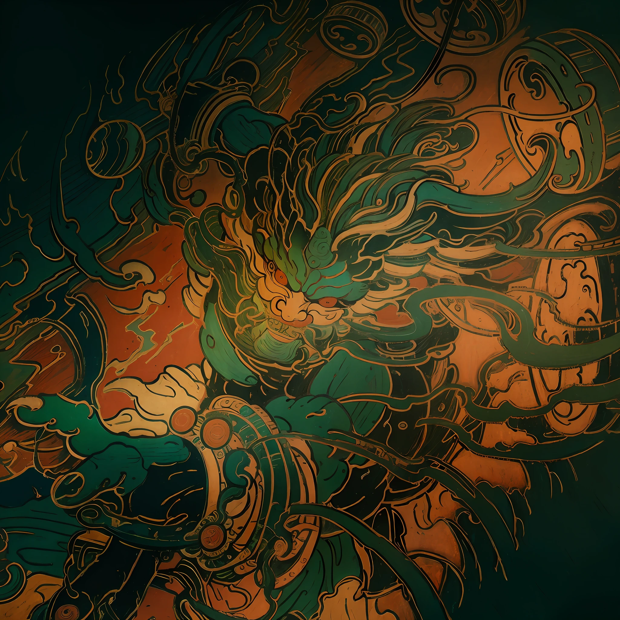 Solemn,Majestic,Dunhuang style,flat art,Traces of wind erosion,Mineral pigment coating,Mural style