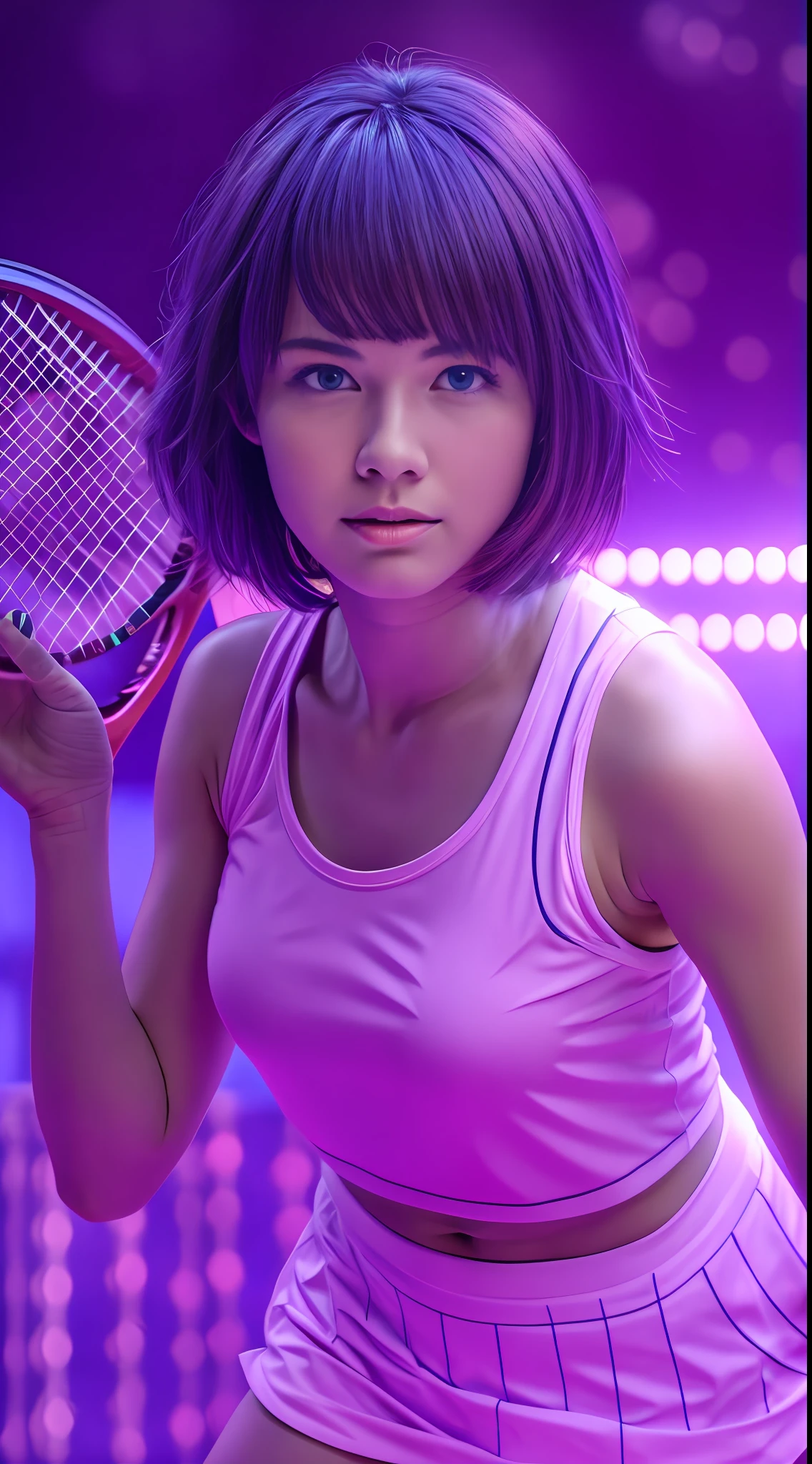 Beautiful girl plays tennis,on the park,18yo, purple short hair, blue eyes,Conceptual art, best photo shot, glowing light, realistic, UHD, textured skin, masterpiece, anatomically correct, best quality, 8k, full body,