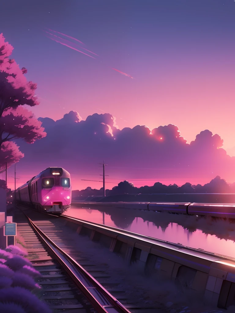 anime scene of a train passing under a pink and purple sky, an anime drawing by Makoto Shinkai, trending on pixiv, magical realism, beautiful anime scene, cosmic skies. by makoto shinkai, ( ( makoto shinkai ) ), by makoto shinkai, anime background art, style of makoto shinkai