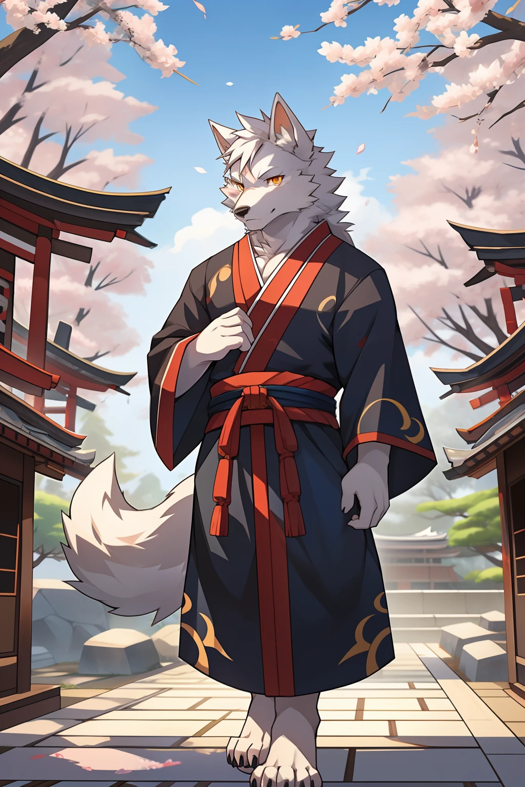 Shrines,under a sakura tree,Japanese style,solo person,White body,White ears,White hair,Overall white,Orange-yellow eyes,Wolf tail,Wolf orcs,Shiji Divine Wolf,Young,Wearing a Taoist robe,Ultra-clear screen,Soft lines