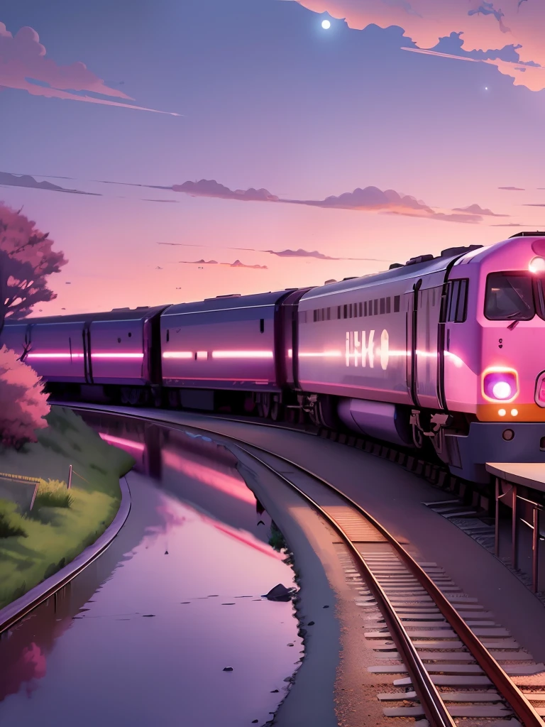 anime scene of a train passing under a pink and purple sky, an anime drawing by Makoto Shinkai, trending on pixiv, magical realism, beautiful anime scene, cosmic skies. by makoto shinkai, ( ( makoto shinkai ) ), by makoto shinkai, anime background art, style of makoto shinkai