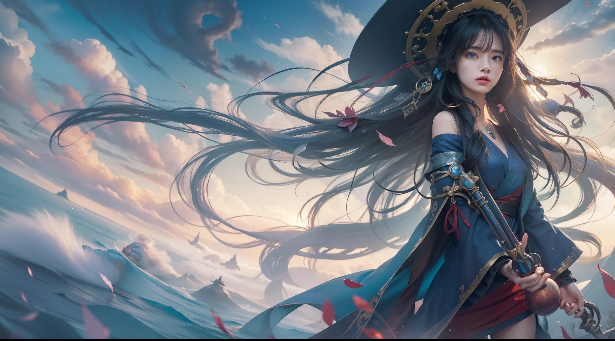 Above the rising clouds,Daytime, Dark, (Fantasy),infinite,deep blue sky,The abyss of knowledge,Cowledge,((masutepiece)), (((Best Quality))),((Beautiful fine eyes)),(Eye lashes)、Realistic clouds、Very beautiful face、The ultra -The high-definition、sea of clouds、beautiful a girl、(1人)、Black hair、The long-haired、abyss eyes、glowy skin、oils、small tits、Perfect human body structure、Wizard's Red Robe、tattered cloth、Realistic coat、Tee、Super delicate CG Unity 32k wallpaper、photoRealstic、masterpiece, ((ultra-detailliert)), ((illustratio)),colourfull,wall-paper,The energy,Unknown terror,Incomprehensible,Around the magic,Magical surroundings,magic wands,Boken,Flying pages,Know everything,Predict the future、Get to know the past、Infinite wisdom、blue flames、Warlock、magic circles、Pentagram、Spells、mantra、Singing magic