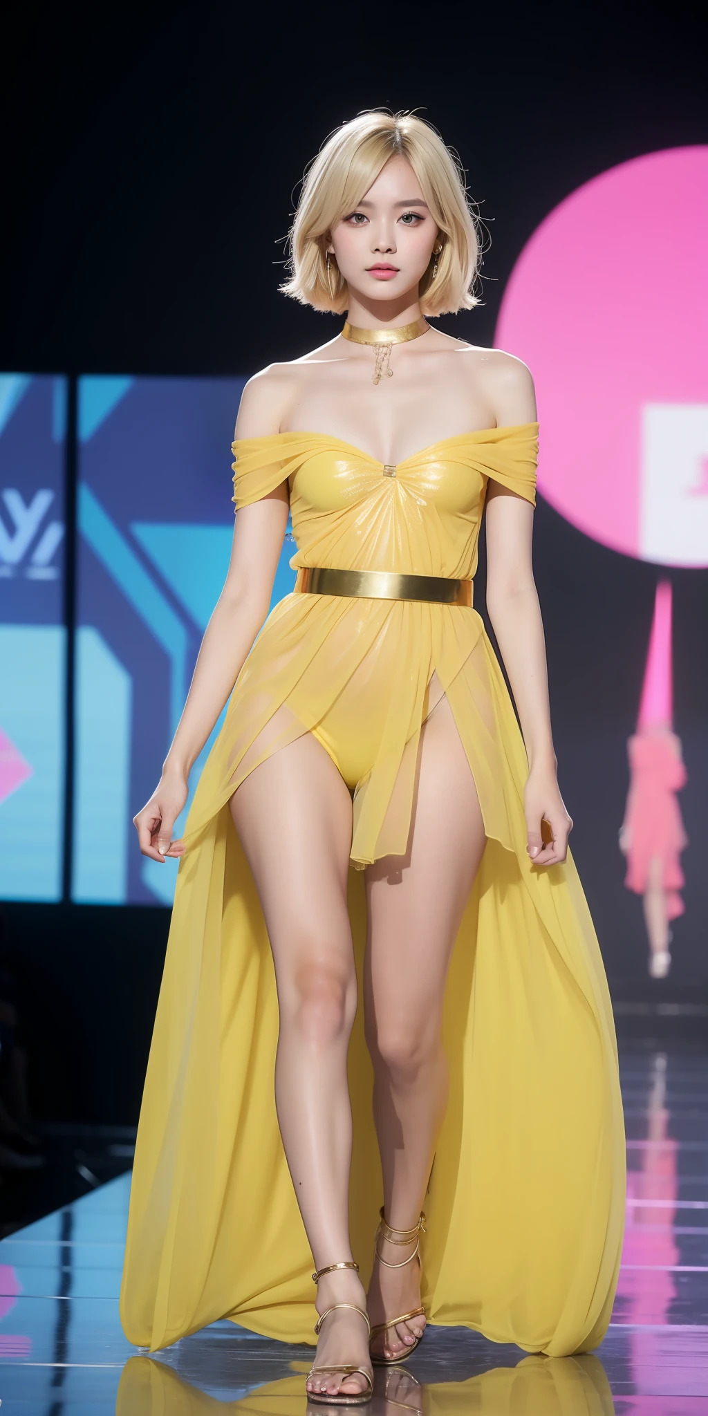 (Best quality, 8k, 32k, Masterpiece, UHD:1.2),Photo of Pretty woman, 1girl, (medium-short yellow hair), double eyelid, fashion model,1.77meters, beautiful ,unique maxi very wet pink dress with slit, off-shoulder, gold belt, choker, stand tall, runway, huge stage, Paris Collection, nsfw, , see through,,(Medium shot:1.4)