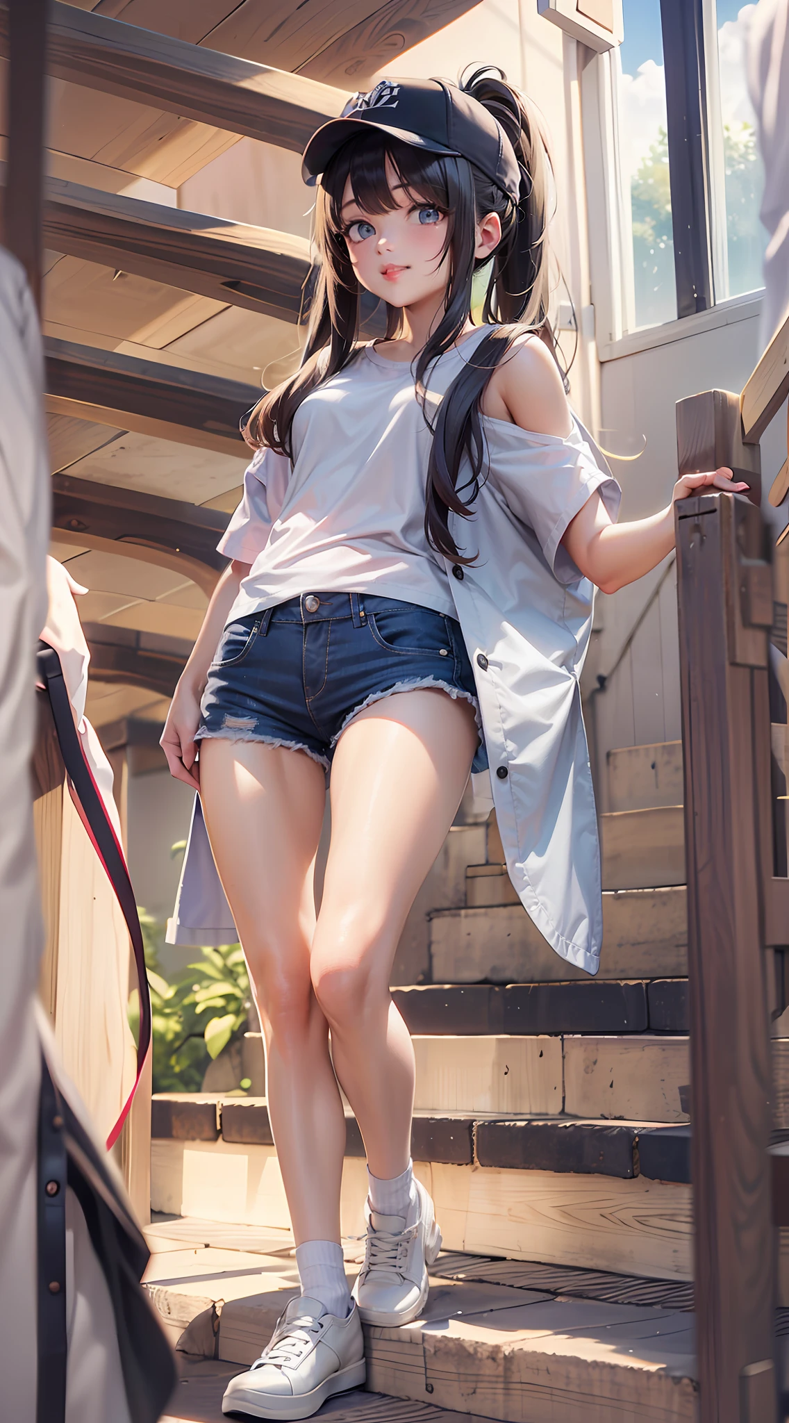 incantation(Prompt): tmasterpiece, Best quality at best, absurderes, Perfect anatomy, 1girll, 独奏, Love Espada, long whitr hair, pony tails, , baseball cap, graphic t shirt, denim short, Shorts pantyhose, Sat down, stairways, exteriors, 城市, ssmile, Dutch angle, wide - angle shot,Hands on your back,nabel