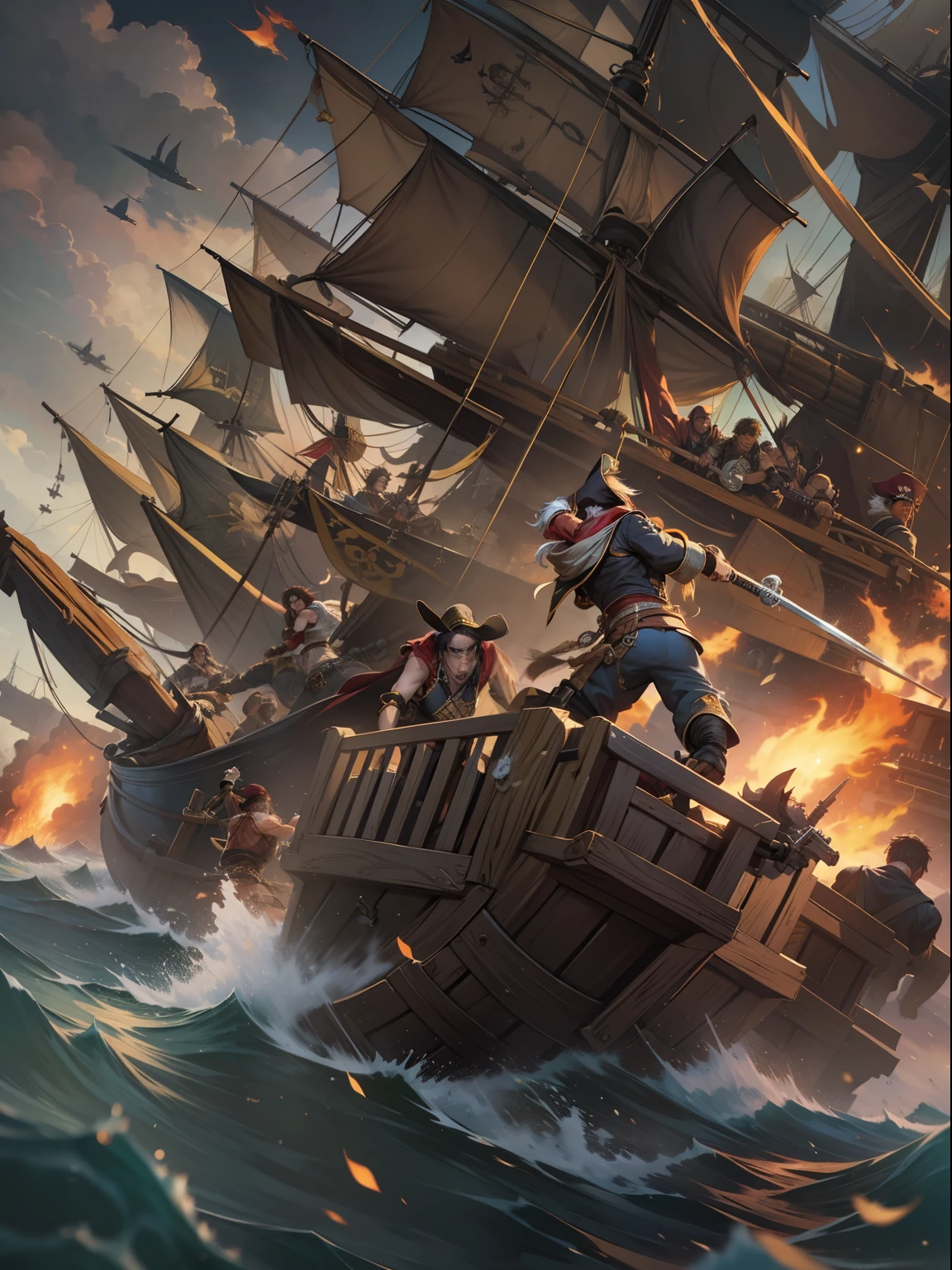 "A dynamic shot capturing the intense battle between pirates, showcasing a thrilling martial fight scene with the pirate crew. creating an exhilarating skirmish and gunfight."