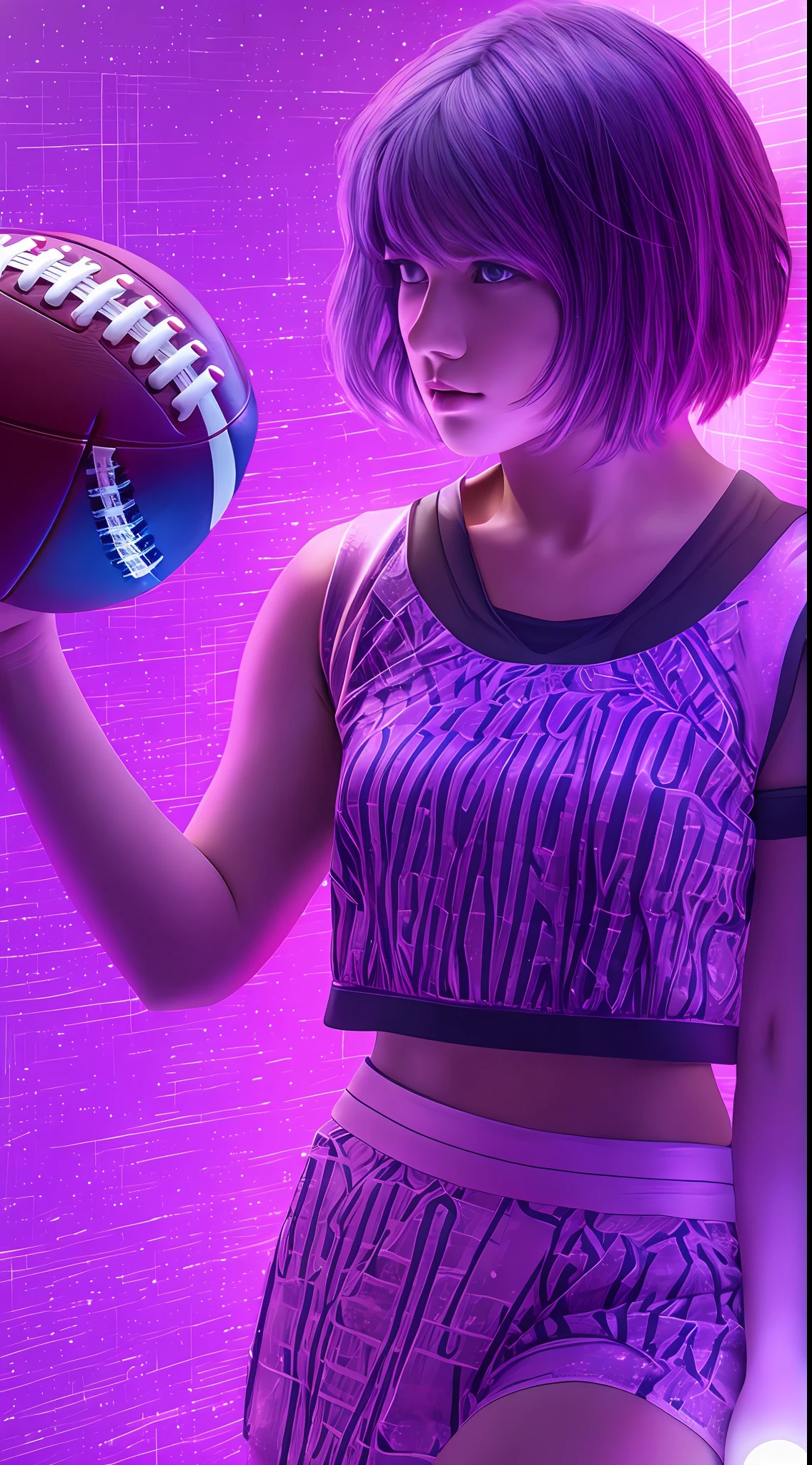 Beautiful girl plays American football、18yo, purple short hair, blue eyes,Conceptual art, best photo shot, glowing light, realistic, UHD, textured skin, masterpiece, anatomically correct, best quality, 8k, full body,