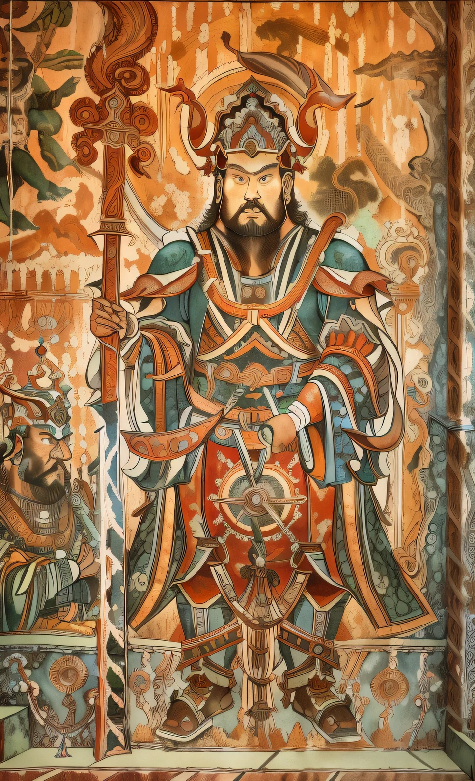 Ancient frescoes depicting the gods, The background is the entrance to hell，Show a powerful man in armor and helmet，Holding a strangely shaped giant sword，majestic pose. The frescoes are displayed on weathered walls, Add a touch of paleness.Long sleeves，Beard, Hanfu