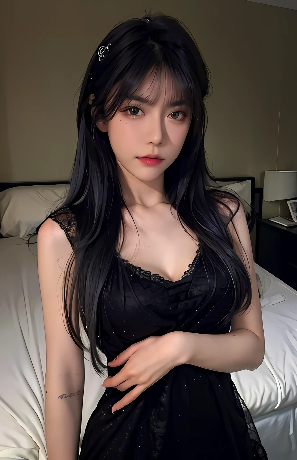 Best quality, masterpiece, ultra high res, (photorealistic:1.4), raw photo, 1girl, ((black lace nightgown)), ((small breast)), cold light